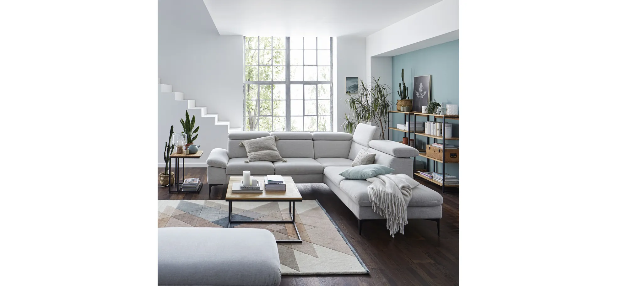 Ecksofa Felipa - 2,5-Sitzer mit Ecke rechts inkl. Kopfteil verstellbar, Stoff, Natur