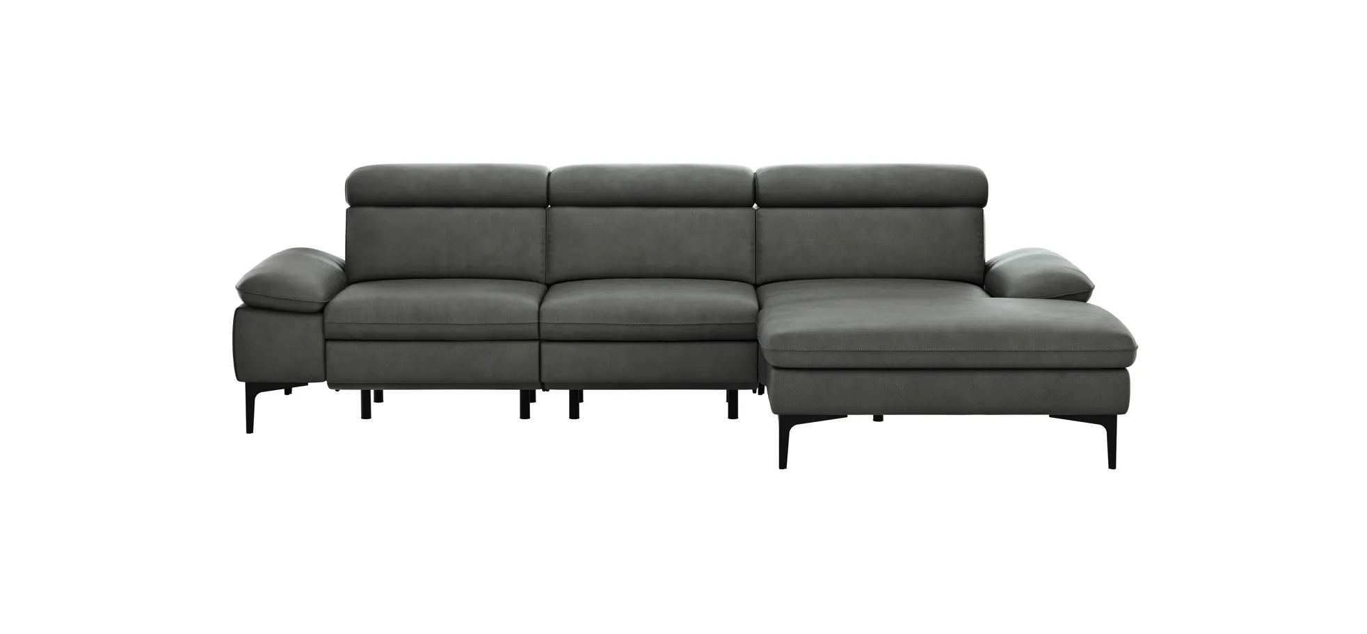Ecksofa Felipa - 2,5-Sitzer mit Longchair rechts inkl. Armlehne verstellbar und Rückenlehne/Sitztiefe verstellbar (motorisch), Leder, Grau 105119