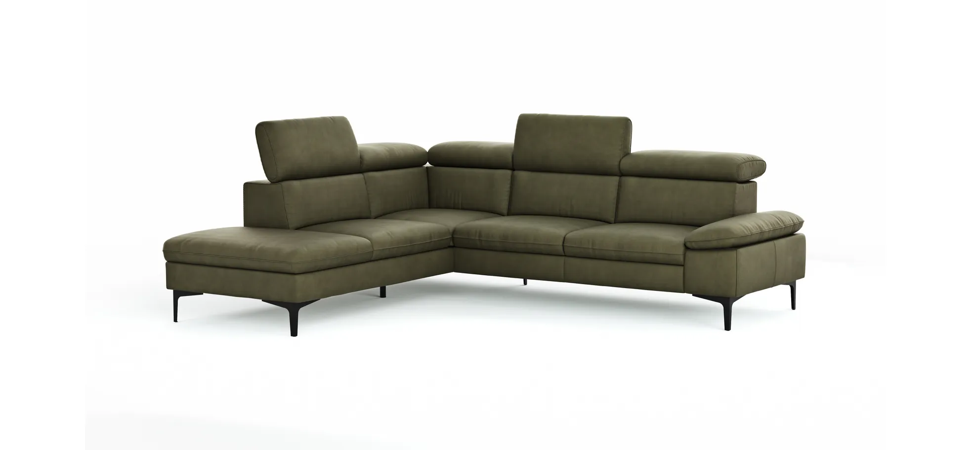Ecksofa Felipa - Ecke links mit 2,5-Sitzer inkl. Kopfteil verstellbar, Leder, Olive