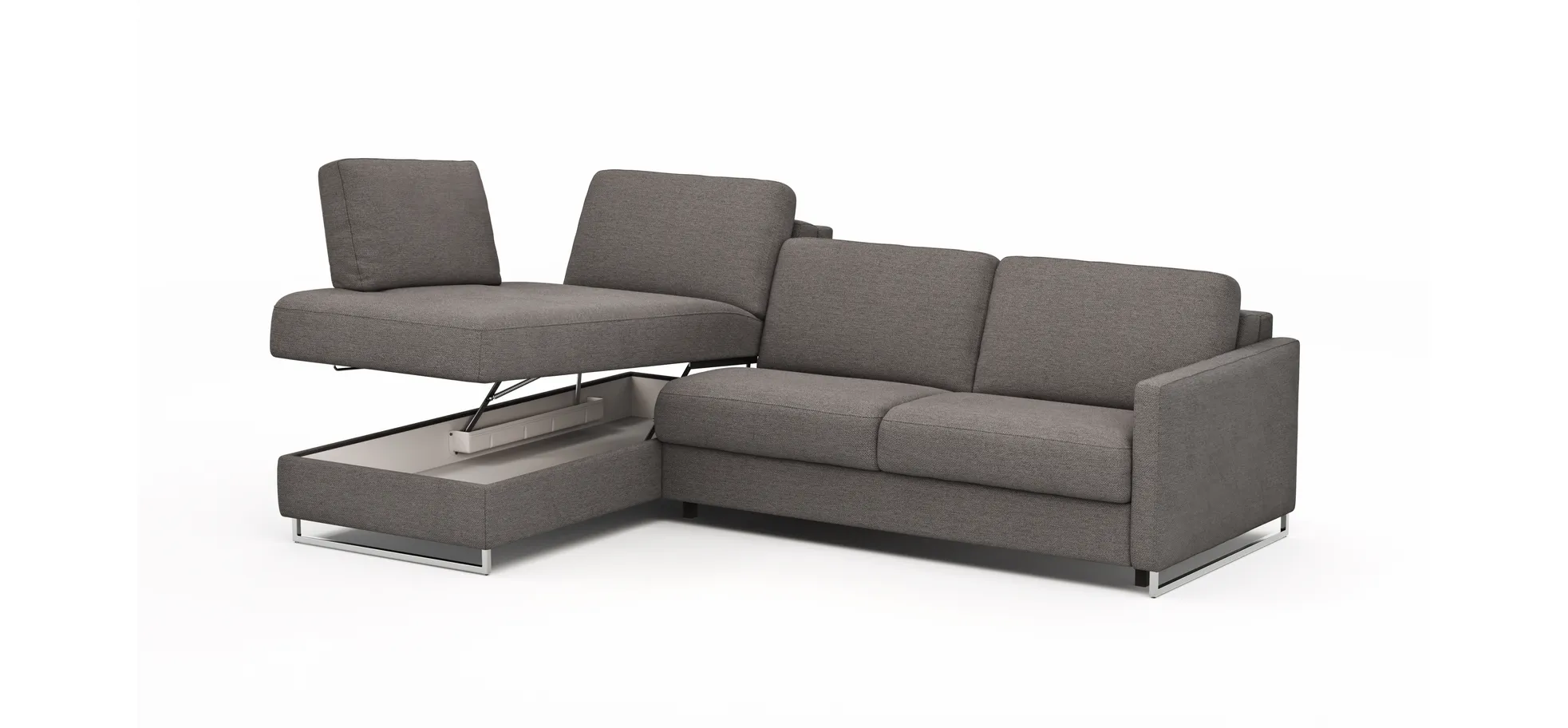 Ecksofa Nuoro - Longchair links mit 2-Sitzer inkl. Schlaffunktion und Bettkasten, Stoff, Grau
