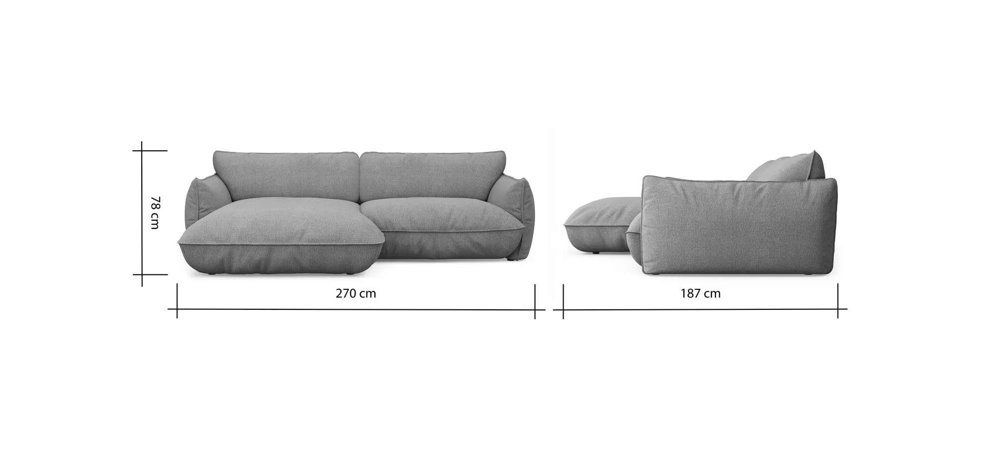 Ecksofa Fluffy - Longchair mit 2,5-Sitzer rechts inkl. Rückenlehne verstellbar, Stoff, Taupe