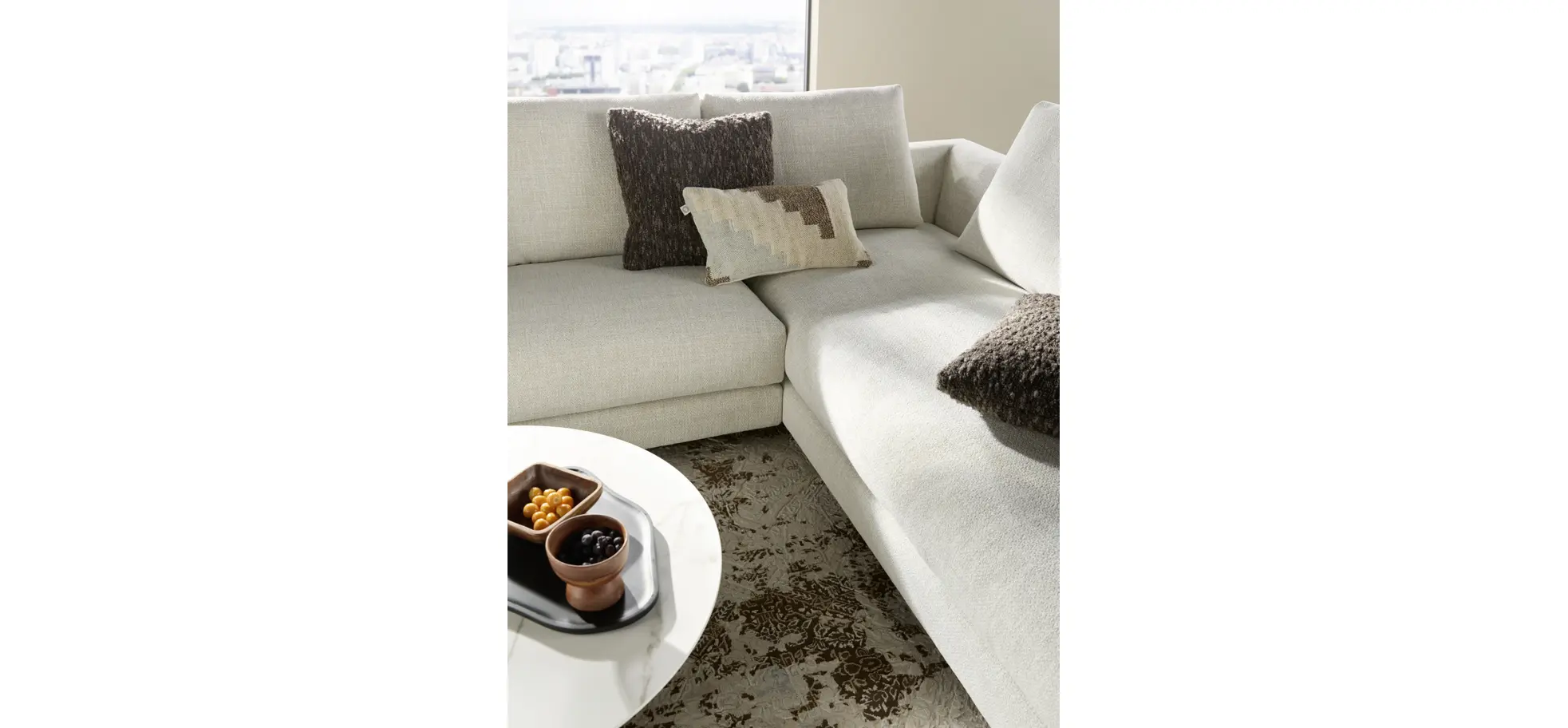 Ecksofa Cuneo Select - Ecke links, 2-Sitzer, Longchair rechts, Stoff, Offwhite