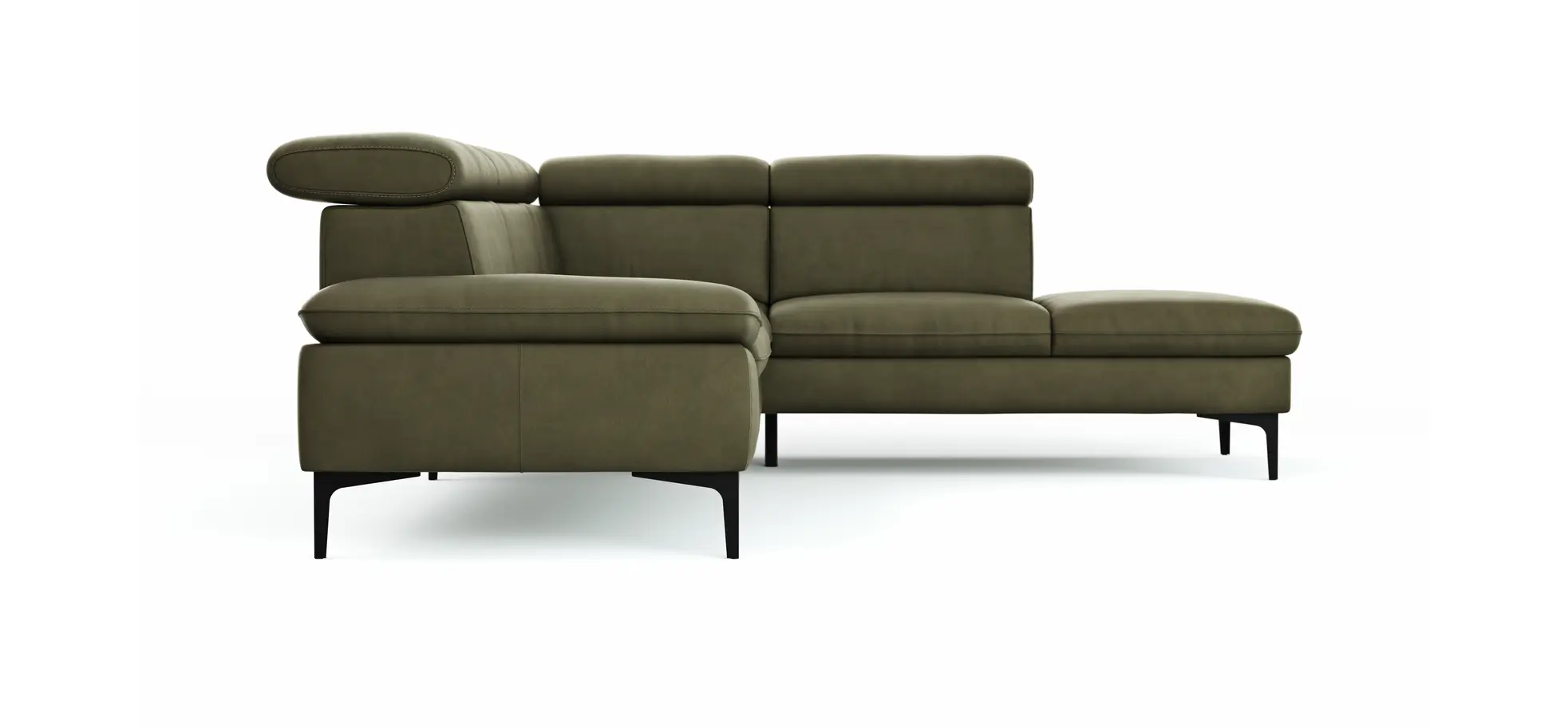 Ecksofa Felipa - 2,5-Sitzer mit Ecke rechts inkl. Kopfteil verstellbar, Leder, Olive