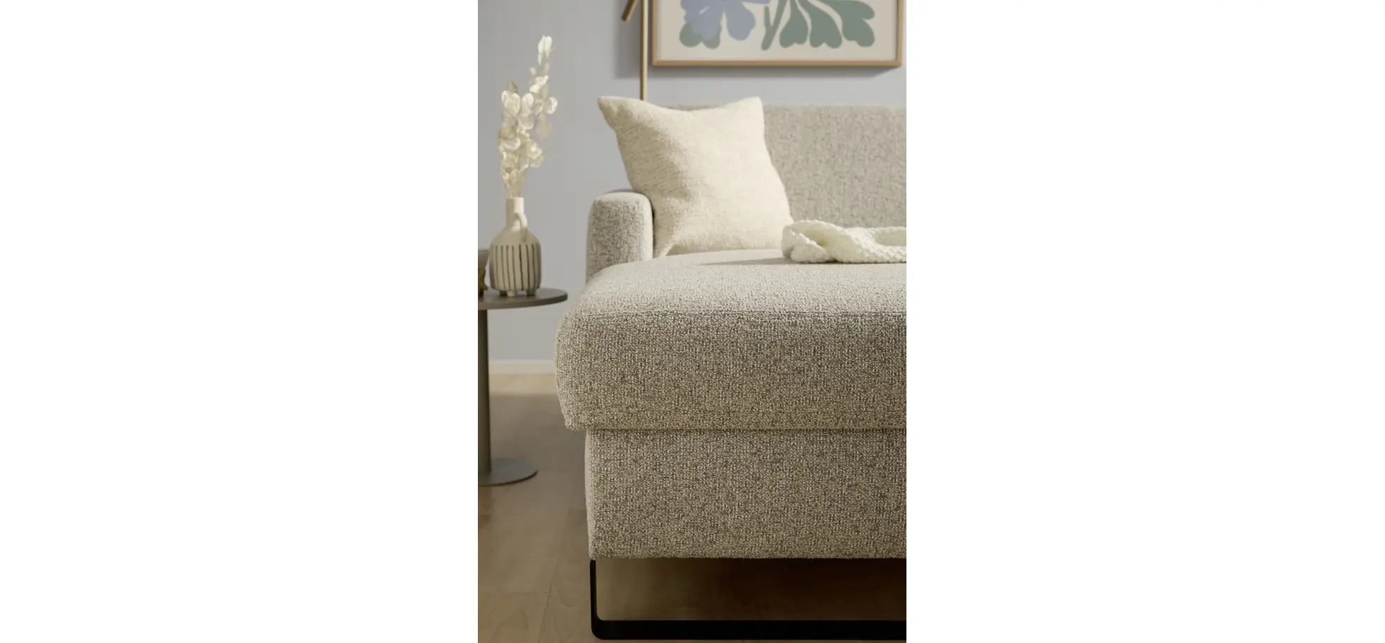 Schlafsofa Laredo - Longchair mit 2-Sitzer rechts inkl. Schlaffunktion mit Bettkasten, Stoff, Graubeige