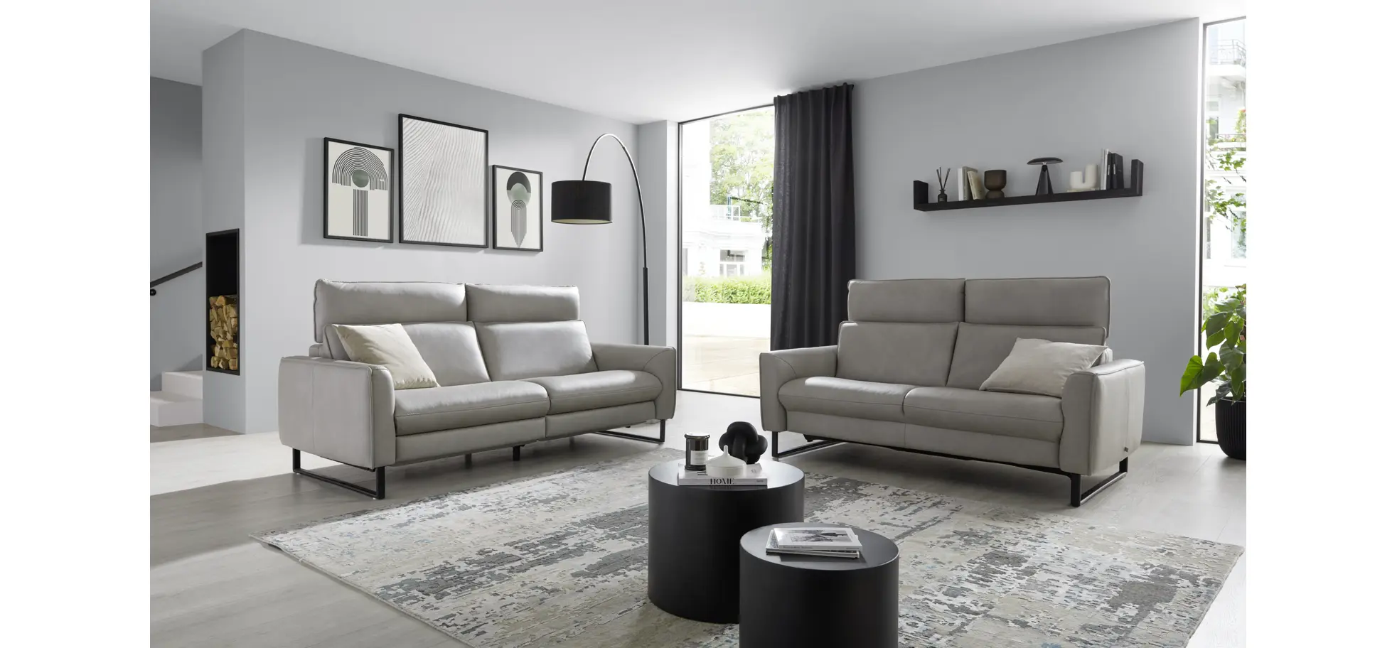 Sofa Avela - 3-Sitzer inkl. Kopfteil verstellbar, Leder, Steingrau