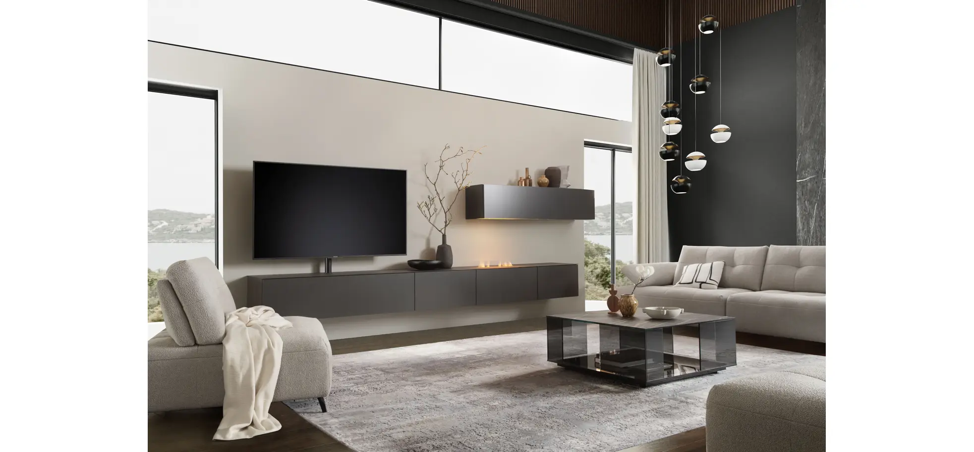 Wohnwand 3900 - inklusive Kamin und TV-Halterung, Lack, Schiefergrau