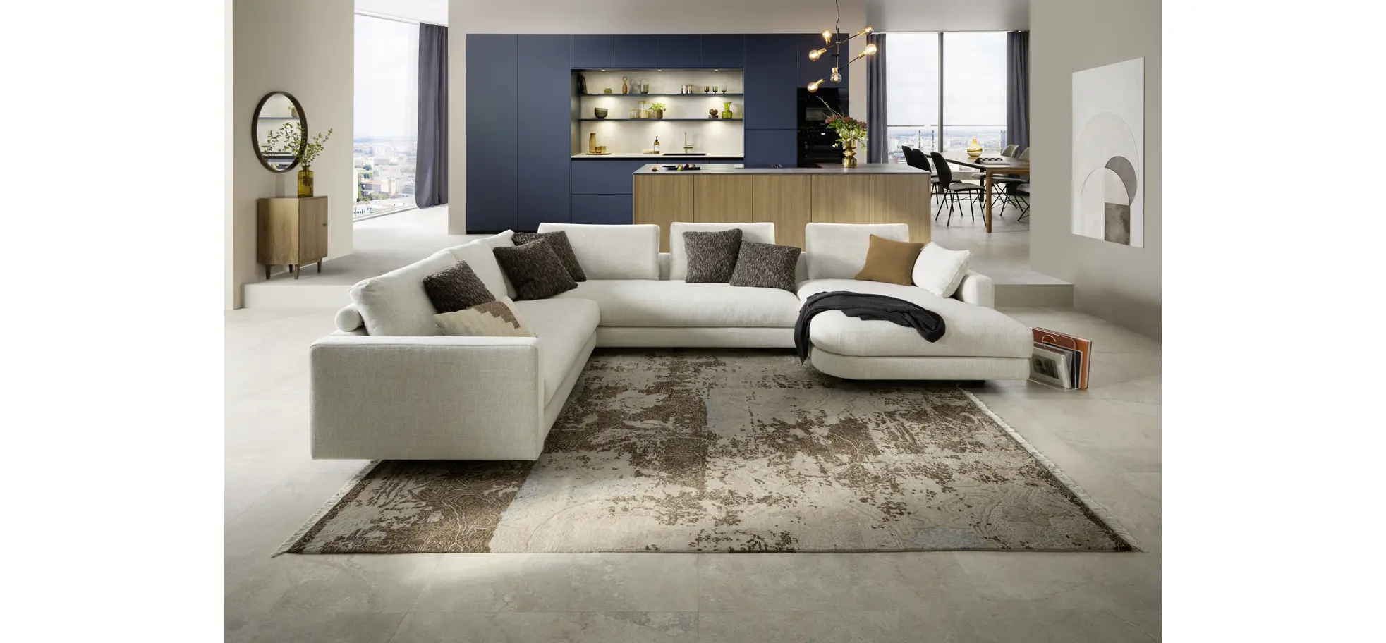 Ecksofa Cuneo Select - Ecke links, 2-Sitzer, Longchair rechts, Stoff, Offwhite