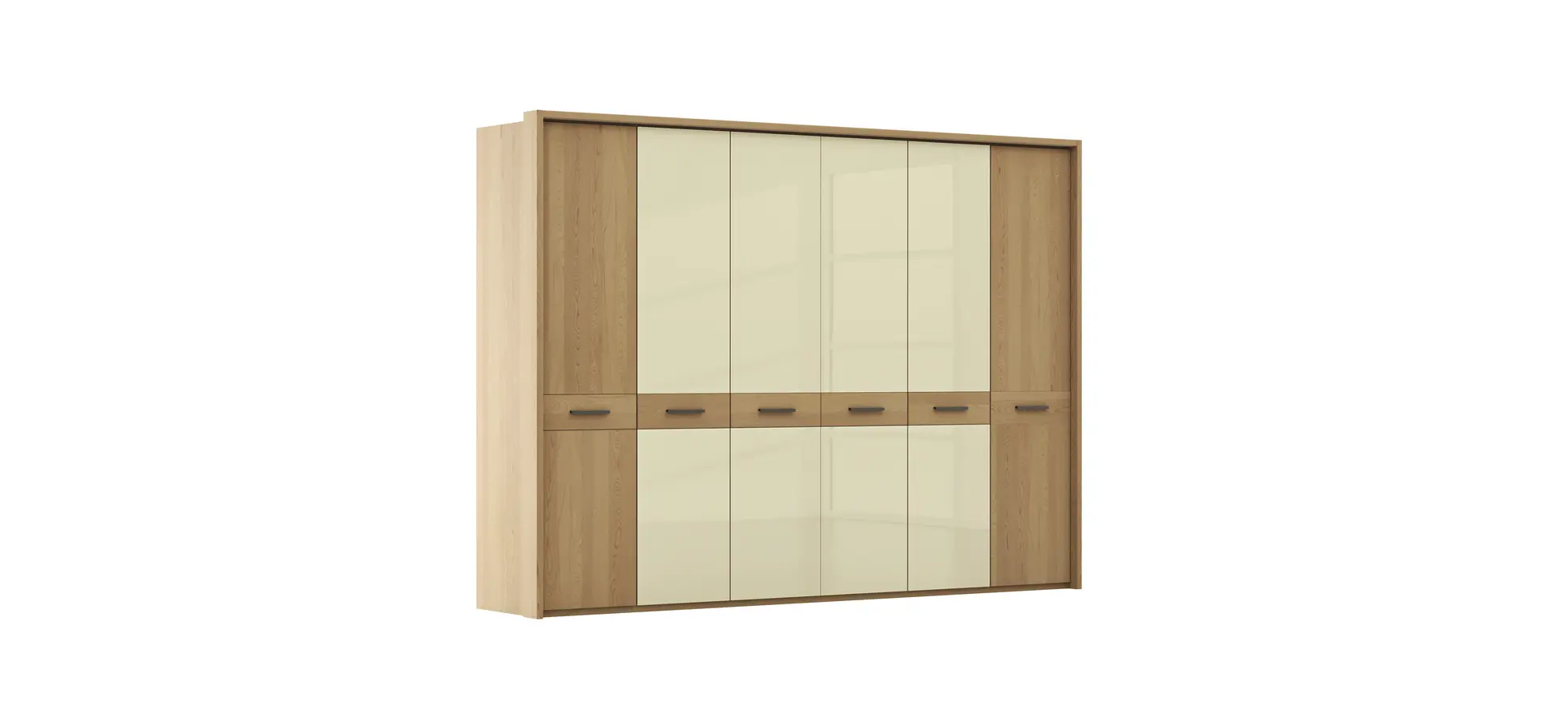 Drehtürenschrank Lenoso - B. ca. 306 cm, Eiche massiv, Glas, Champagner 1061061