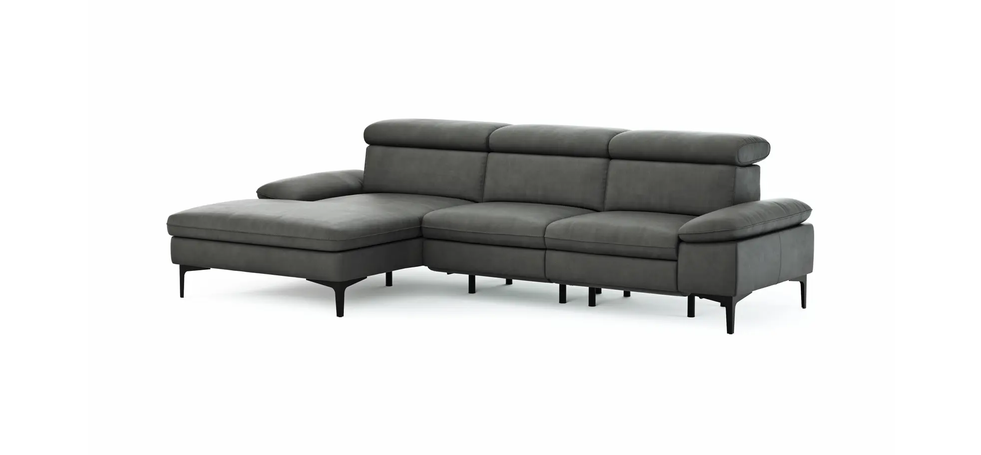 Ecksofa Felipa - Longchair links mit 2,5-Sitzer inkl. Armlehne verstellbar und Rückenlehne/Sitztiefe verstellbar (motorisch), Leder, Grau