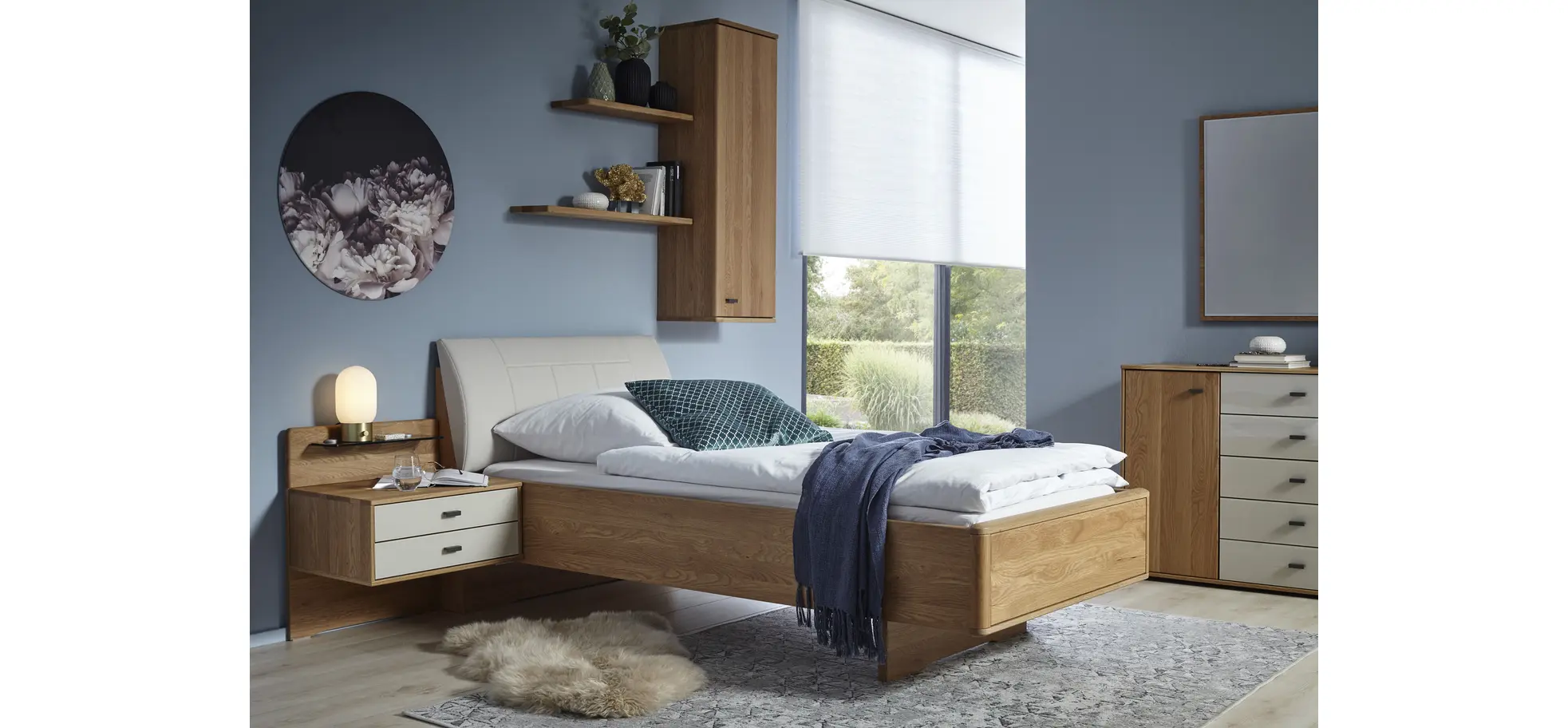 Bett Lenoso - Liegefläche ca. 90x200 cm, Eiche Nachbildung, Kunstleder Champagner 120181