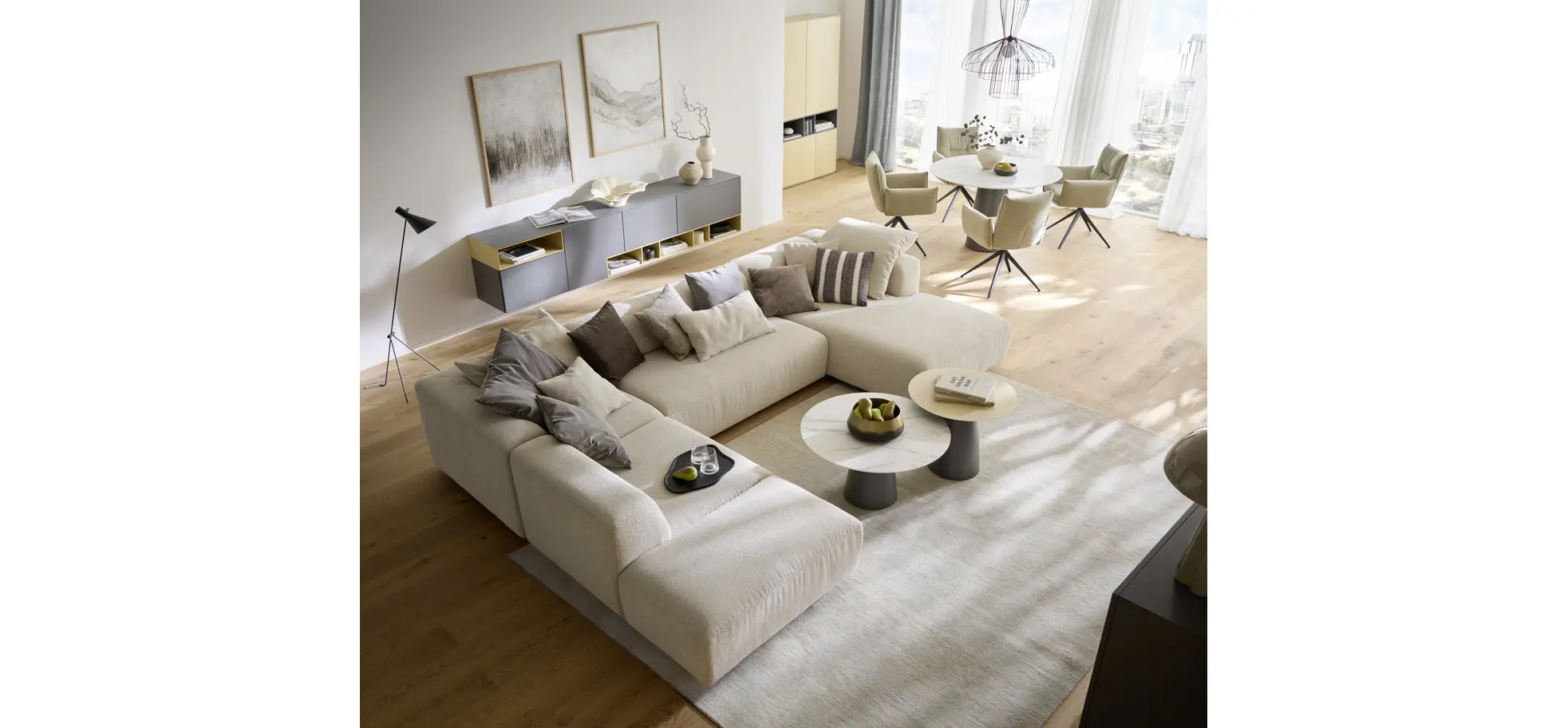 Ecksofa Caruso - Ecke links, 2-Sitzer, Longchair rechts, Stoff, Ecru