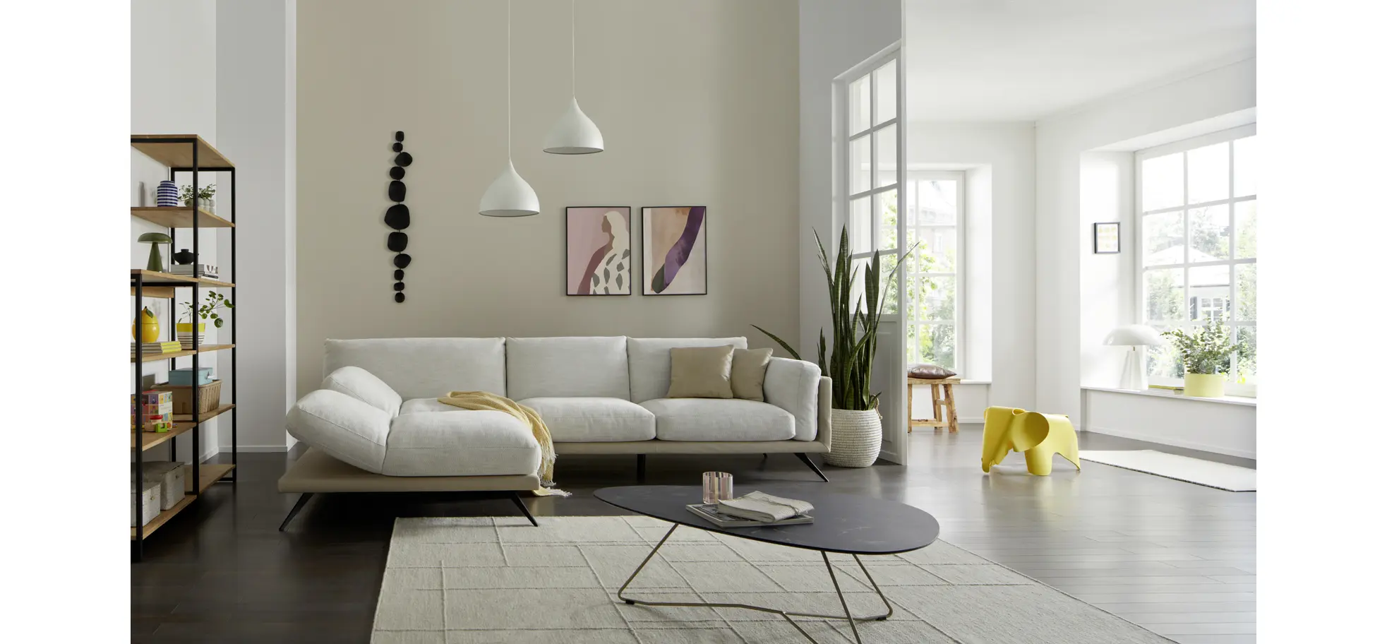 Ecksofa Valdemoro - Longchair mit 2,5-Sitzer rechts inkl. Rückenlehne verstellbar, Stoff, Creme