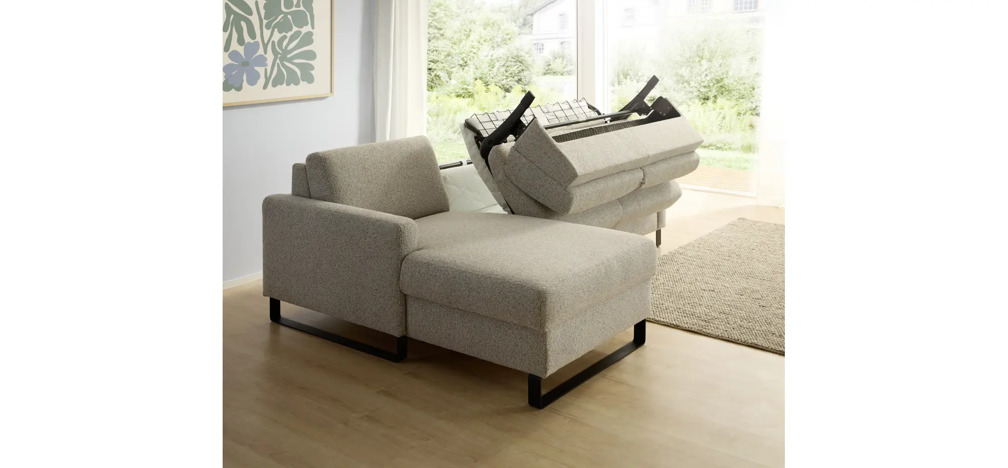 Schlafsofa Laredo - Longchair mit 2-Sitzer rechts inkl. Schlaffunktion mit Bettkasten, Stoff, Graubeige