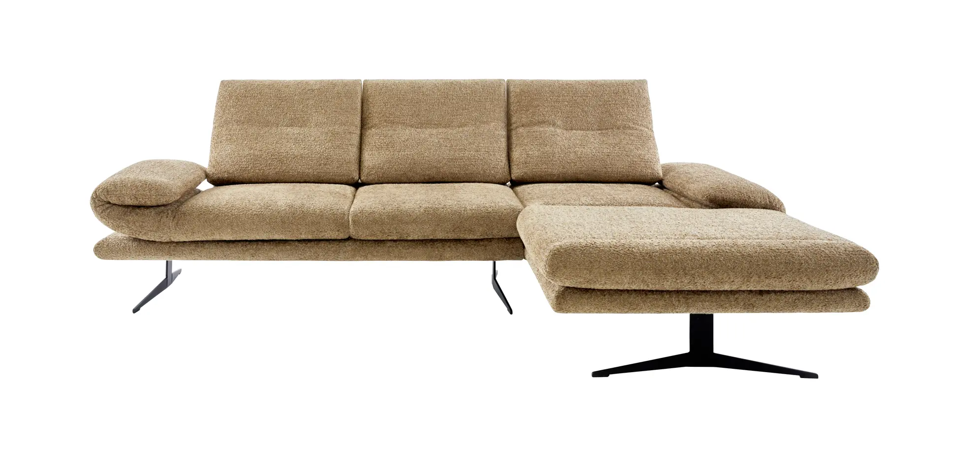 Ecksofa Lucero 2.0 - 2-Sitzer mit Longchair rechts inkl. Sitztiefenverstellung, Drehsitz und Sitztiefe verstellbar, Stoff, Cognac