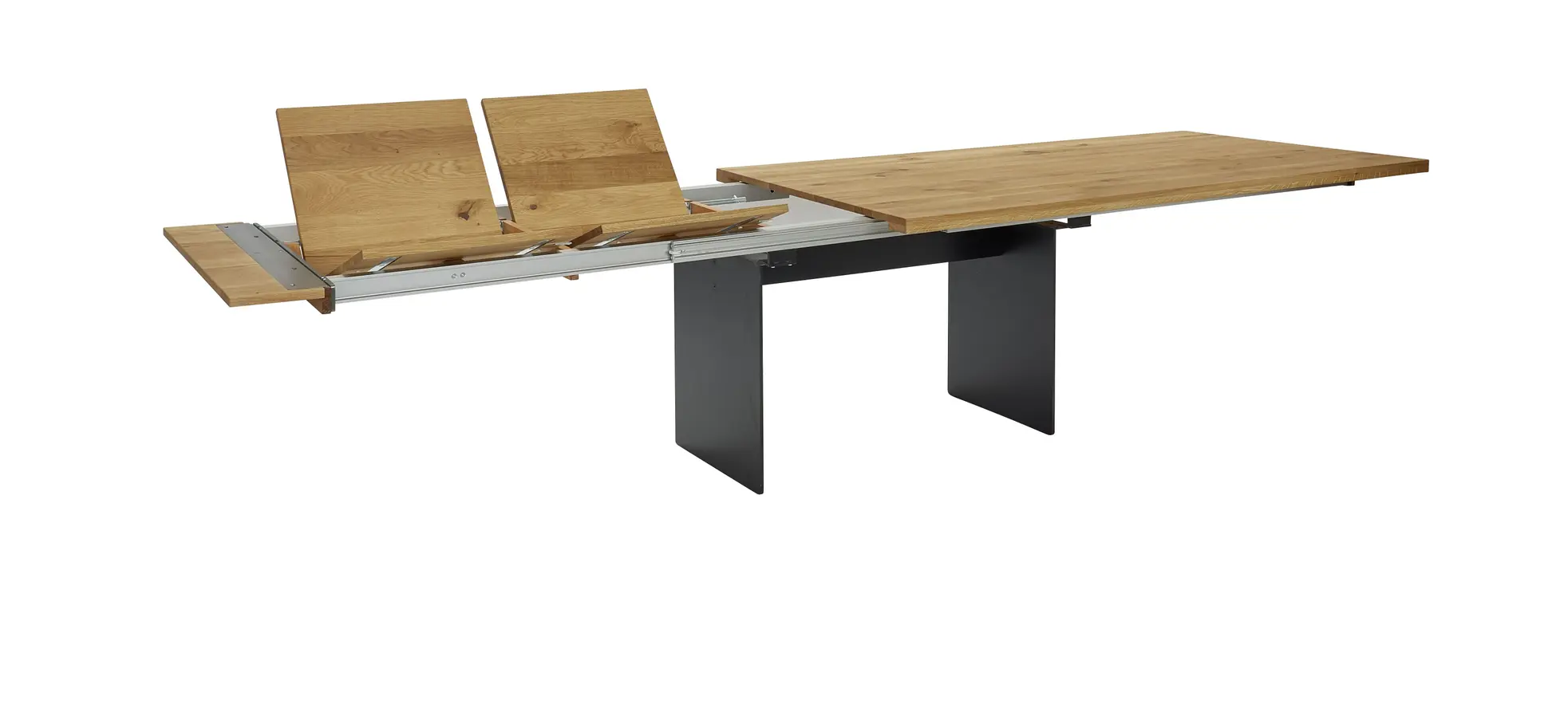 Esstisch 3110 - LB ca. 220x100 cm, ausziehbar,  Asteiche massiv, Geölt, Wange Rohstahl, Schwarz