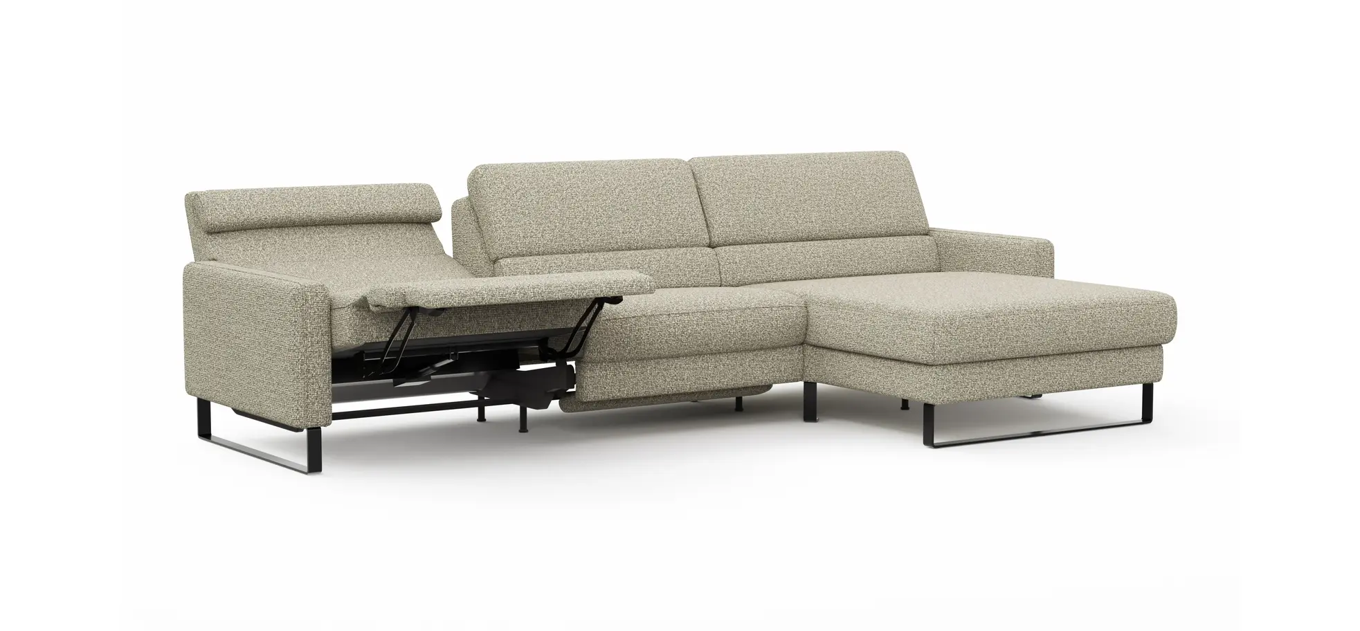 Ecksofa Valera - 3-Sitzer mit Longchair rechts inkl. Rückenlehne verstellbar und Relaxfunktion motorisch, Stoff, Limone