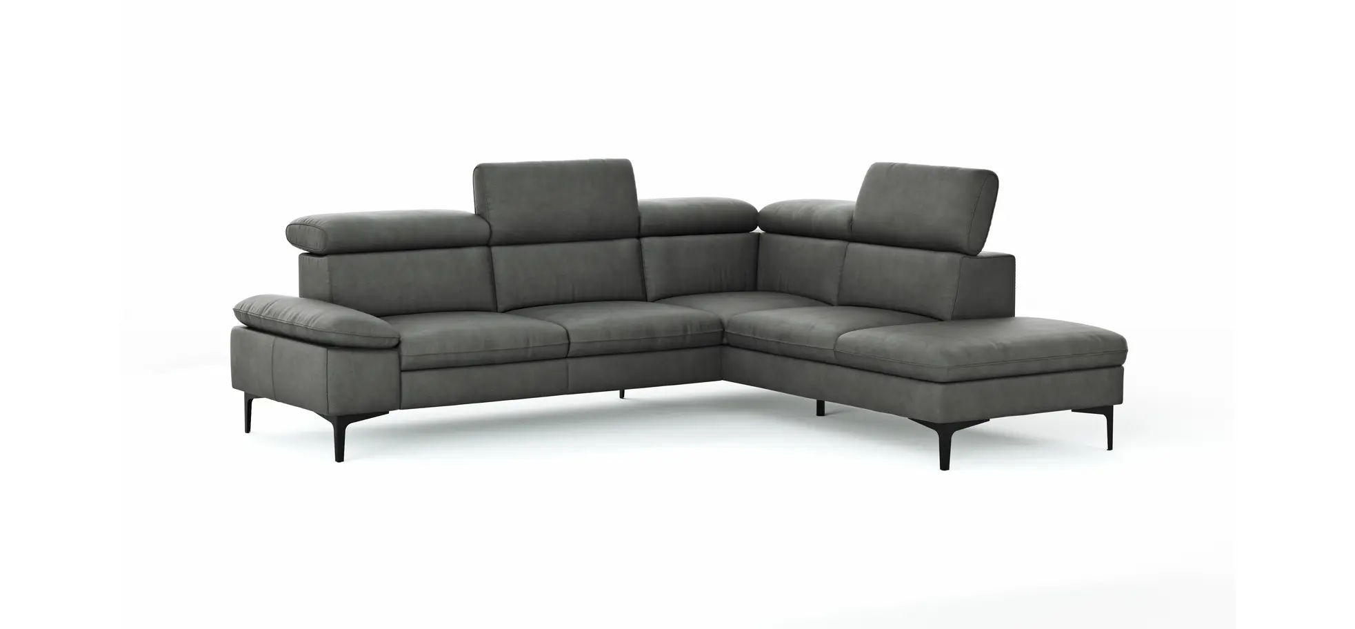 Ecksofa Felipa - 2,5-Sitzer mit Ecke rechts inkl. Kopfteil verstellbar, Leder, Grau