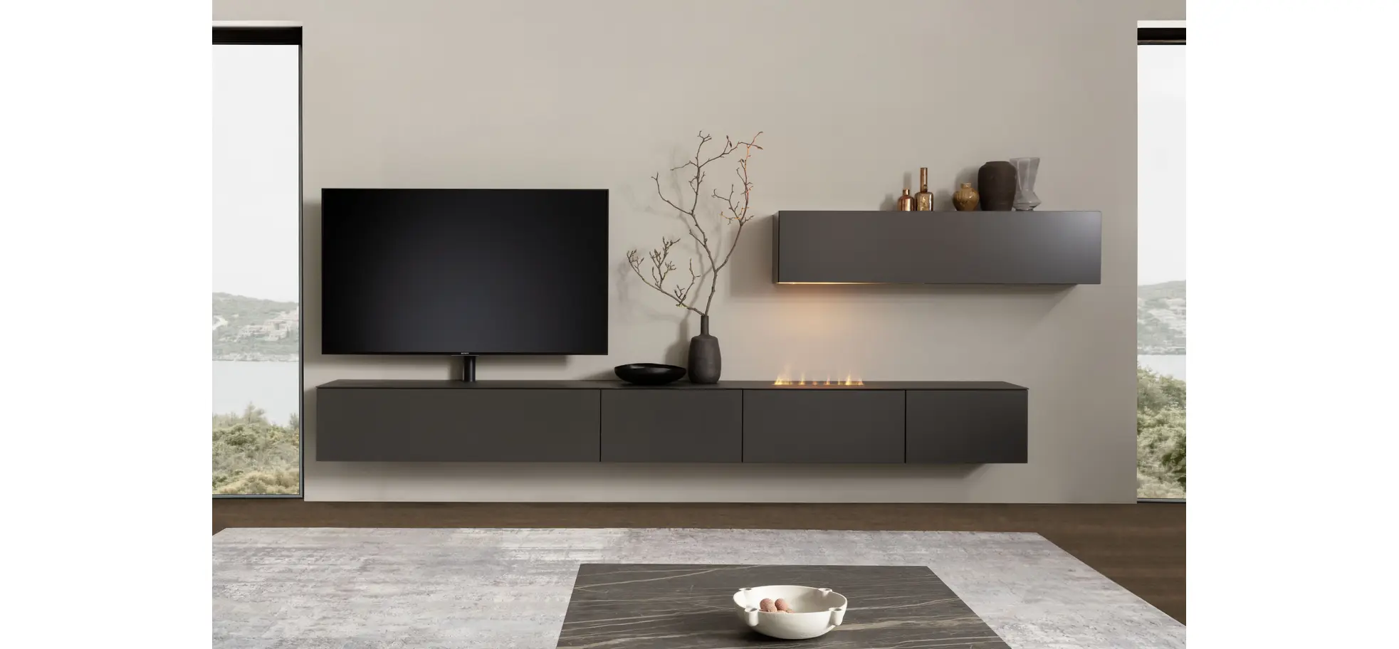 Wohnwand 3900 - inklusive Kamin und TV-Halterung, Lack, Schiefergrau