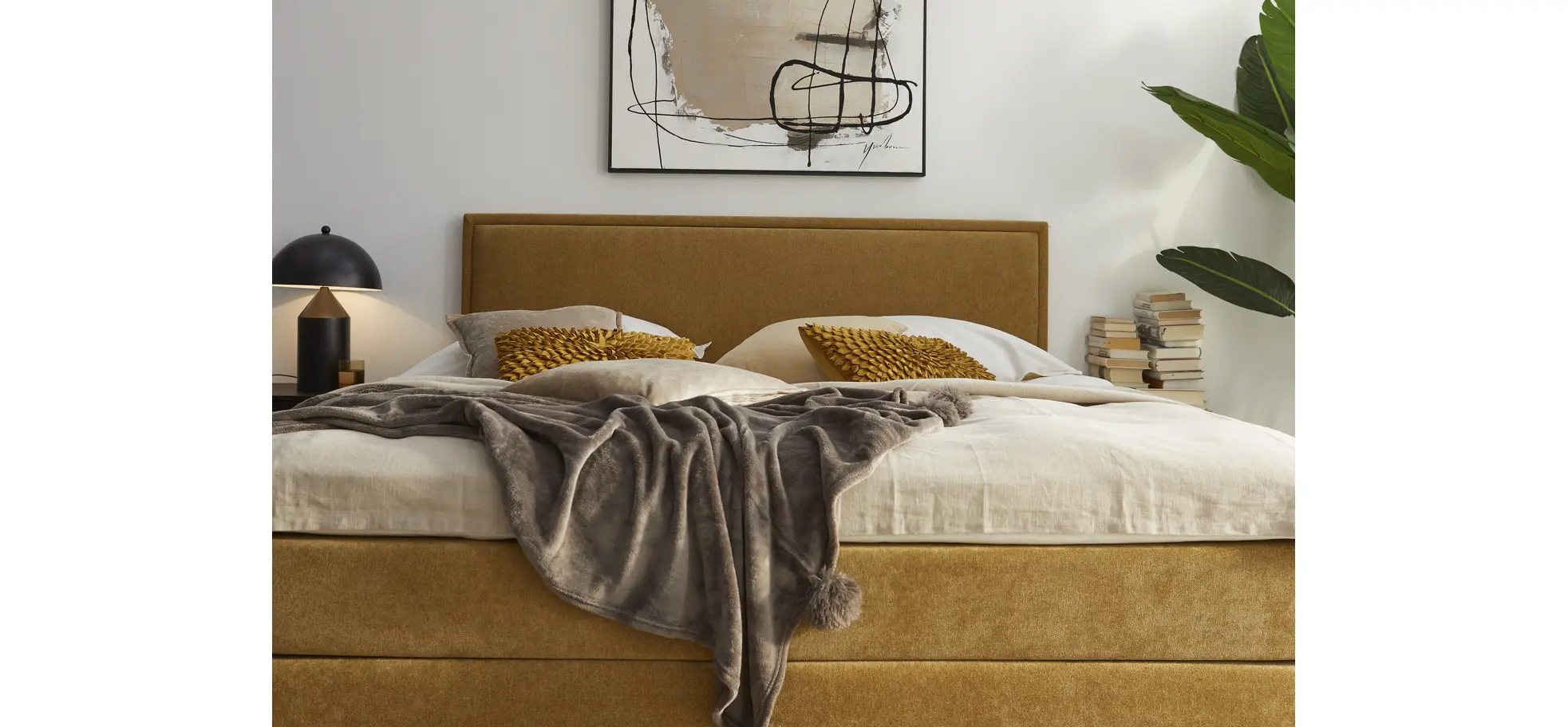 Boxspringbett Valencia - Liegefläche ca. 180x200 cm, Stoff, Senfgelb