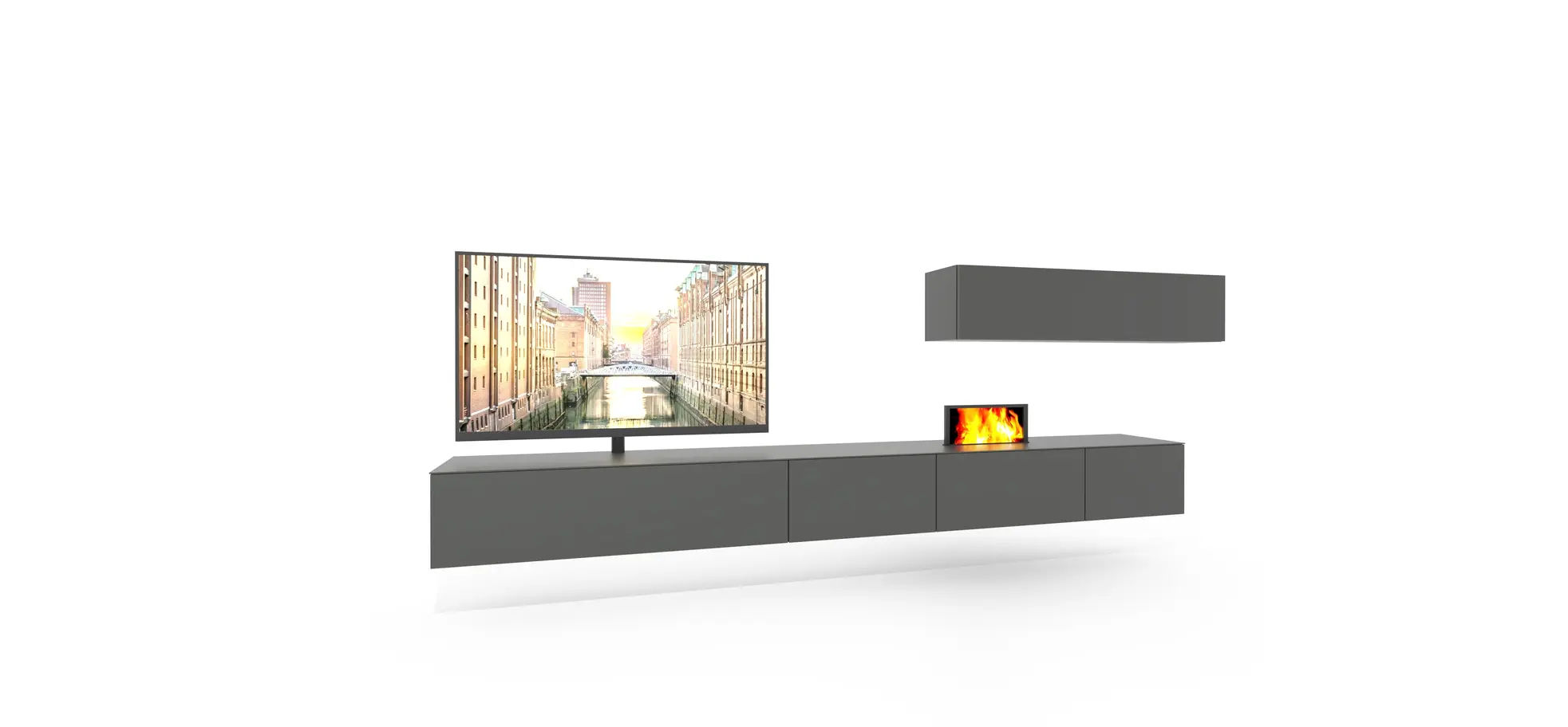Wohnwand 3900 - inklusive Kamin und TV-Halterung, Lack, Schiefergrau