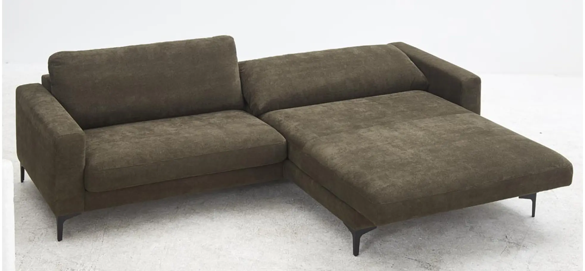 Ecksofa Oviedo - 1,5-Sitzer mit Longchair rechts inkl. Relaxfunktion (motorisch), Stoff, Braungrün