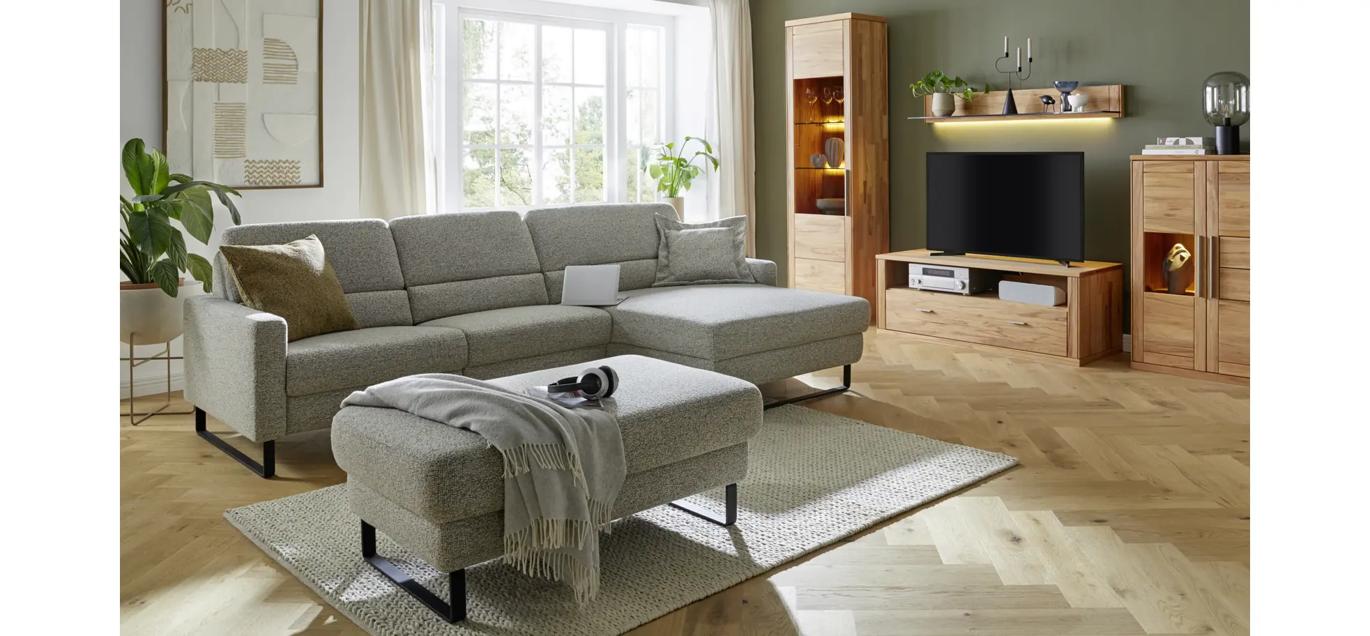 Wohnwand Faro 6.0 - inkl. Beleuchtung, Kernbuche massiv, natur geölt