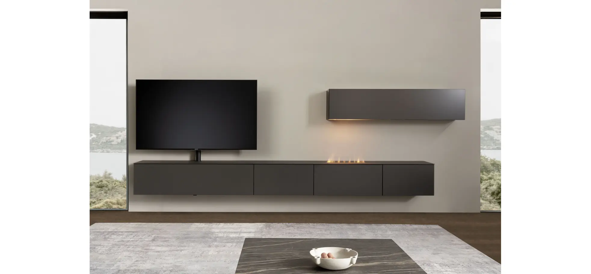 Wohnwand 3900 - inklusive Kamin und TV-Halterung, Lack, Schiefergrau 129540