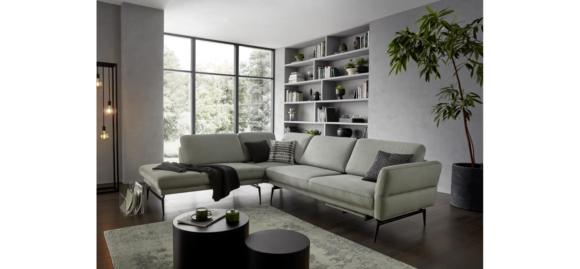 Ecksofa Estrela - Ecke links mit 2,5-Sitzer inkl. Rücken-/Armlehne verstellbar, Stoff, Schlammgrün