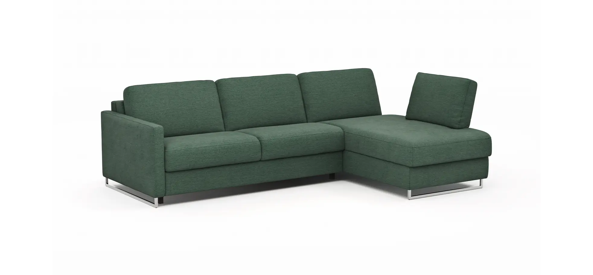 Ecksofa Nuoro - 2-Sitzer mit Longchair rechts inkl. Schlaffunktion und Bettkasten, Stoff, Dunkelgrün