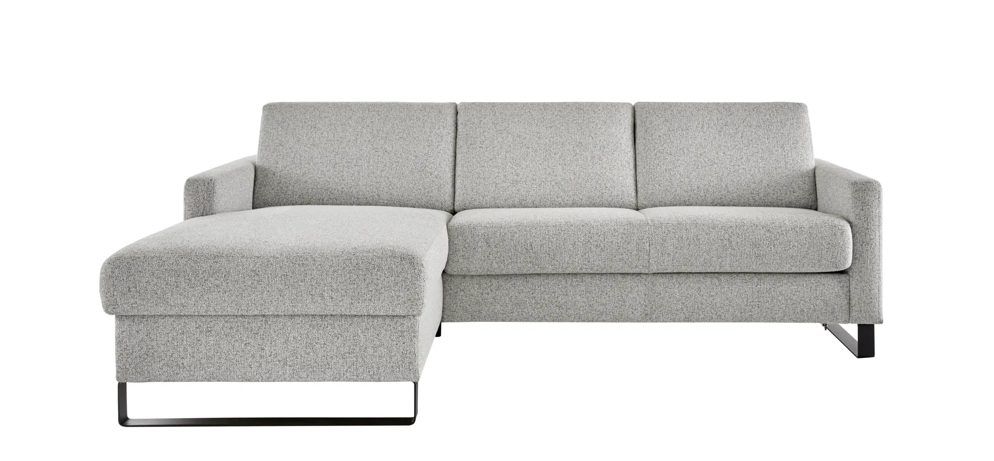 Schlafsofa Laredo - Longchair mit 2-Sitzer rechts inkl. Schlaffunktion mit Bettkasten, Stoff, Graubeige