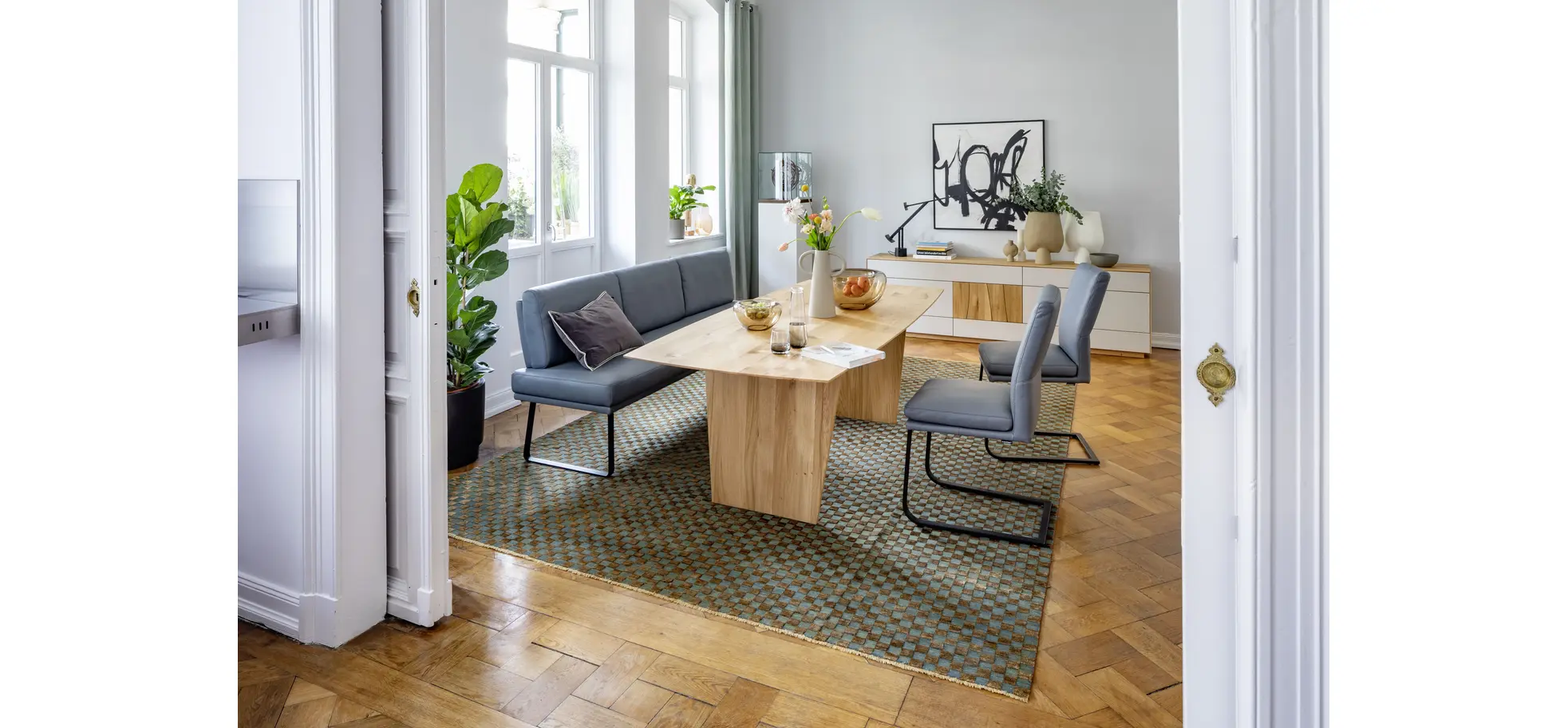 Bank Valloni - B ca. 221 cm, mit Rückenlehne, Leder, Hellblau