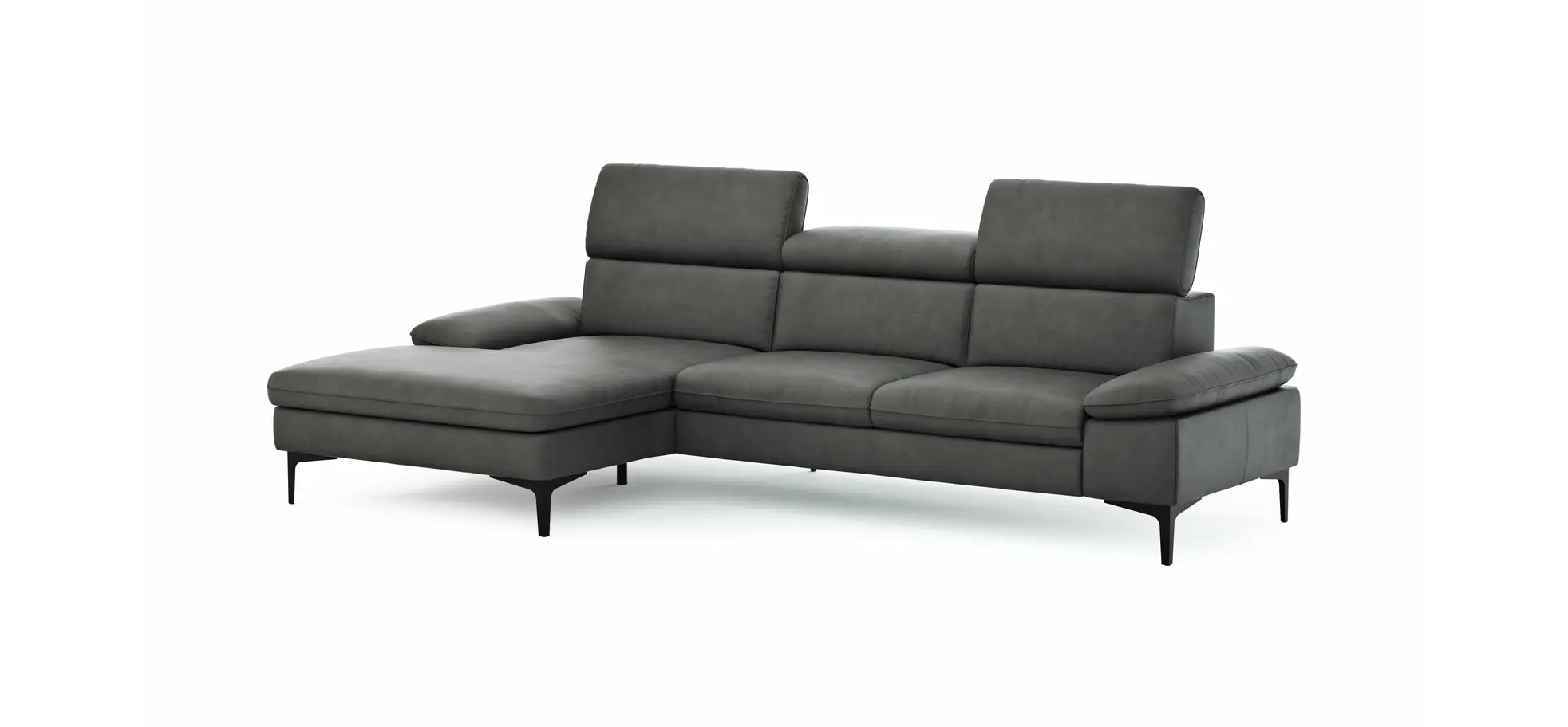 Ecksofa Felipa - Longchair links mit 2,5-Sitzer inkl. Kopfteil verstellbar, Leder, Grau