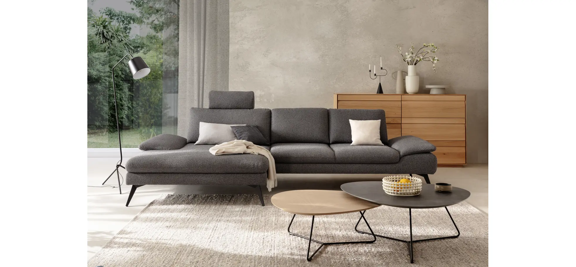 Ecksofa Collina - 2,5-Sitzer, Longchair rechts inkl. Sitztiefen- u. Armlehehnenverstellung, Stoff, Dunkelgrau