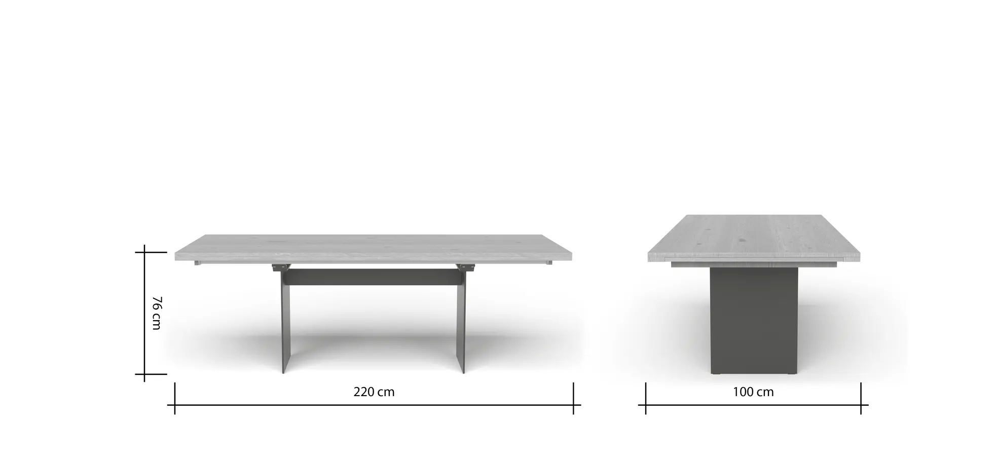 Esstisch 3110 - LB ca. 220x100 cm, ausziehbar,  Asteiche massiv, Geölt, Wange Rohstahl, Schwarz
