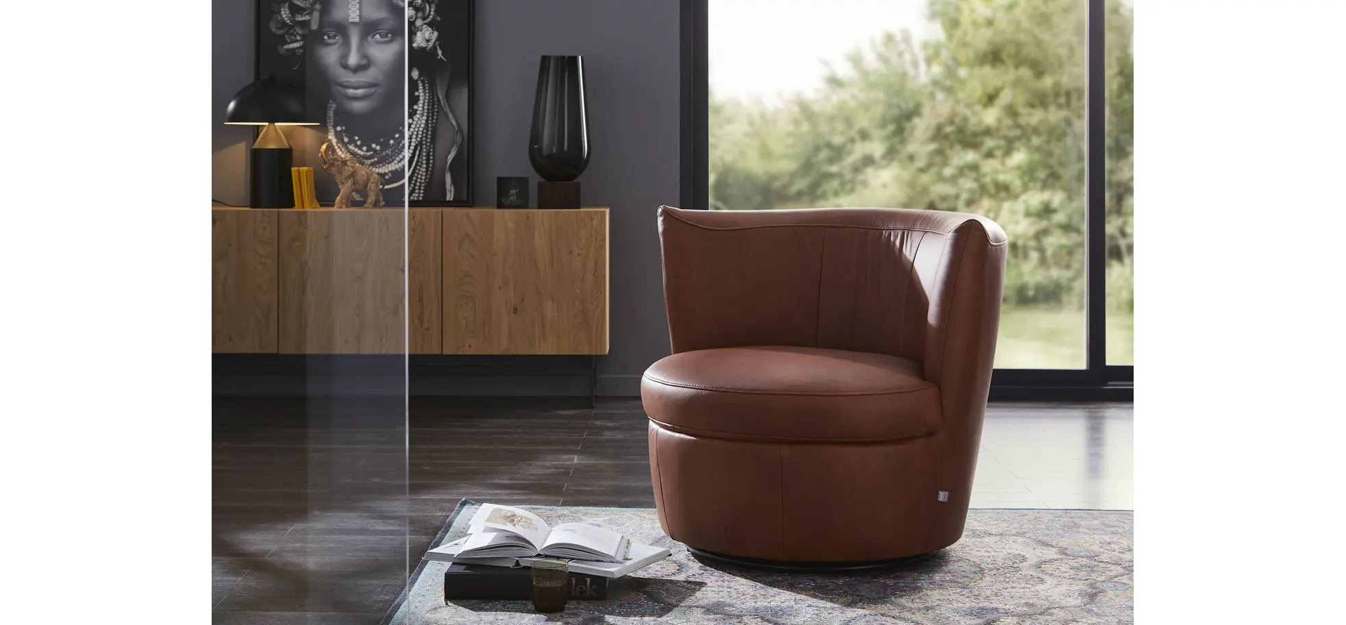 Sessel Cativa - drehbar, Leder, Cognac