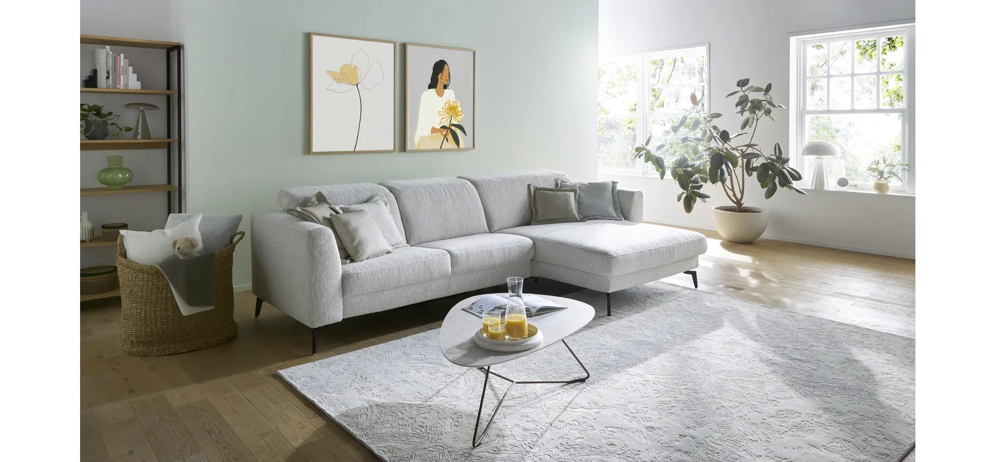 Ecksofa Rafaela 2.0 - 2,5-Sitzer mit Longchair rechts inkl. Kopfteilverstellung, Stoff, Champagner