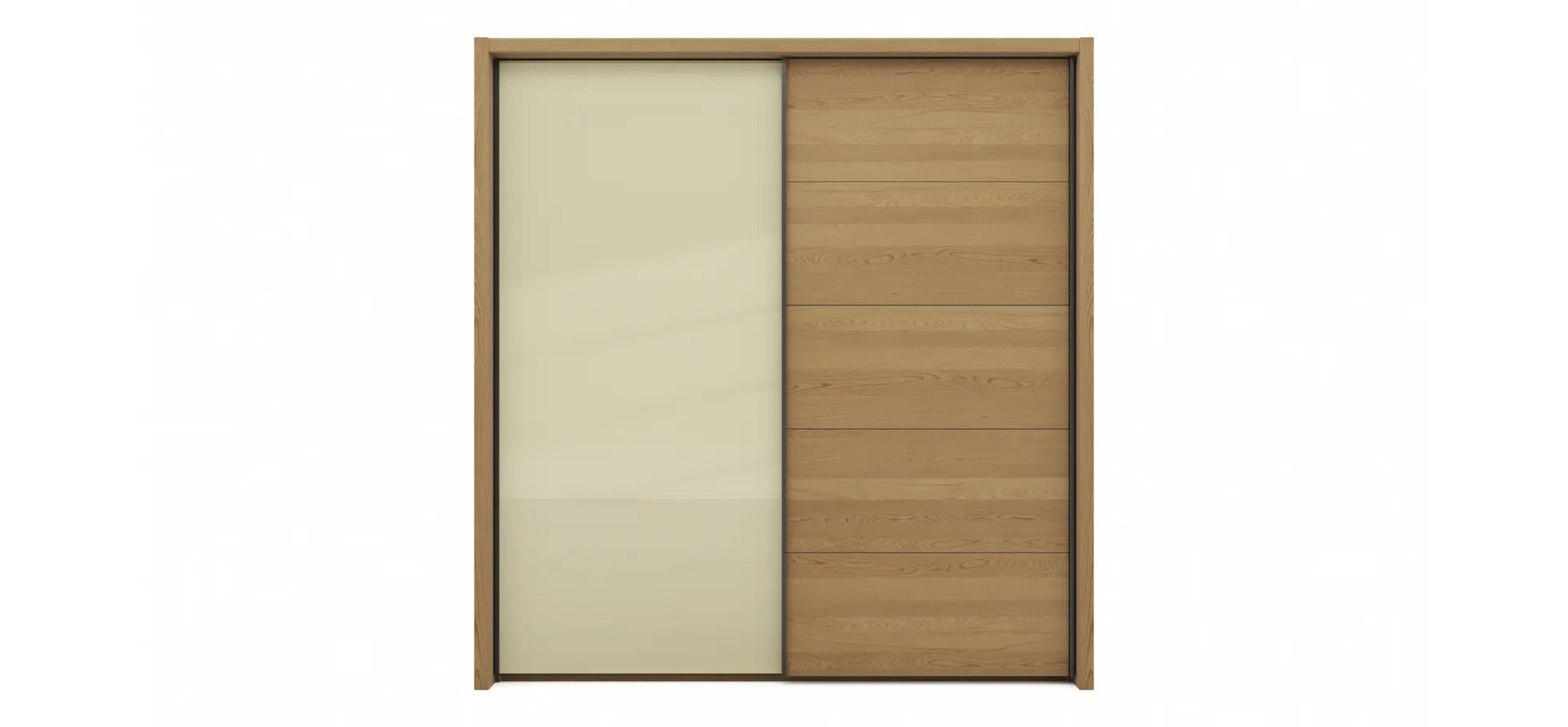 Schwebetürenschrank Lenoso - B. ca. 210 cm, Eiche massiv, Glas Champagner