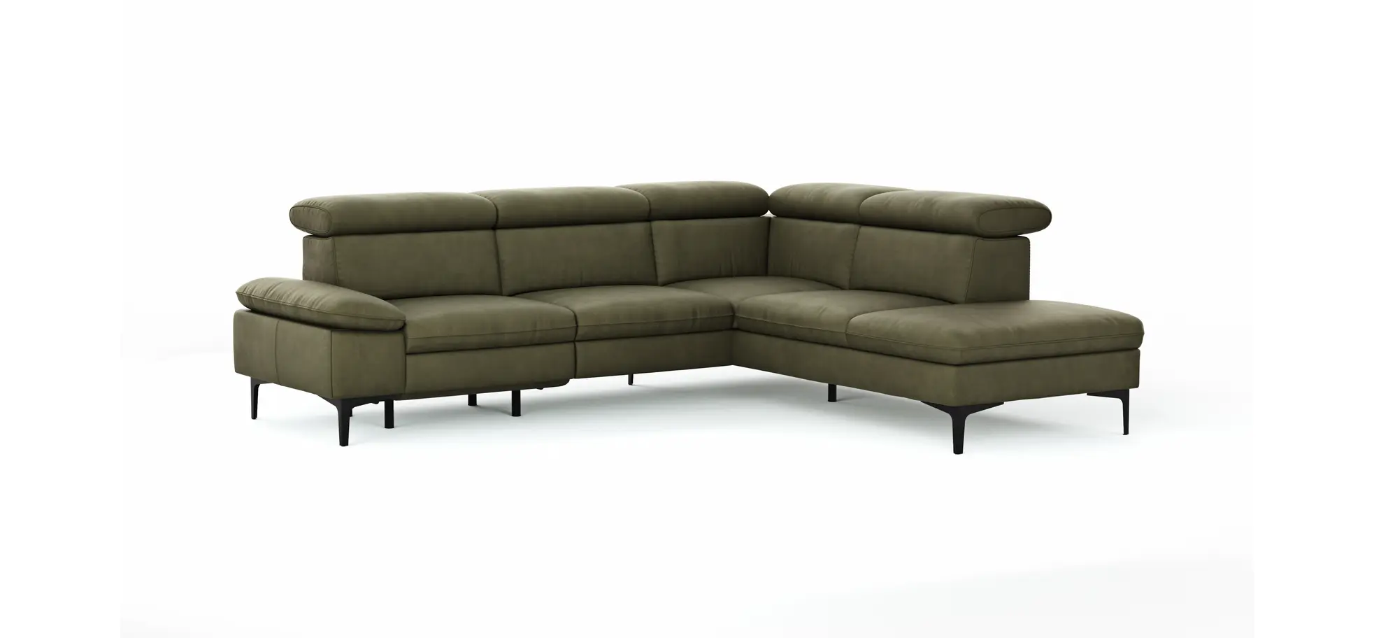 Ecksofa Felipa - 2,5-Sitzer mit Ecke rechts inkl. Armlehne verstellbar und Rückenlehne/Sitztiefe verstellbar (motorisch), Leder, Olive