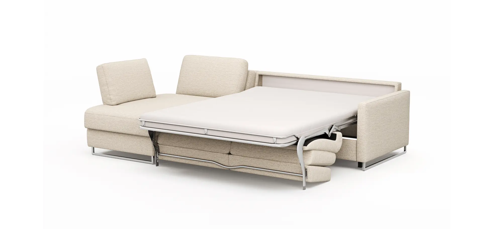 Ecksofa Nuoro - Longchair links mit 2-Sitzer inkl. Schlaffunktion und Bettkasten, Stoff, Beige