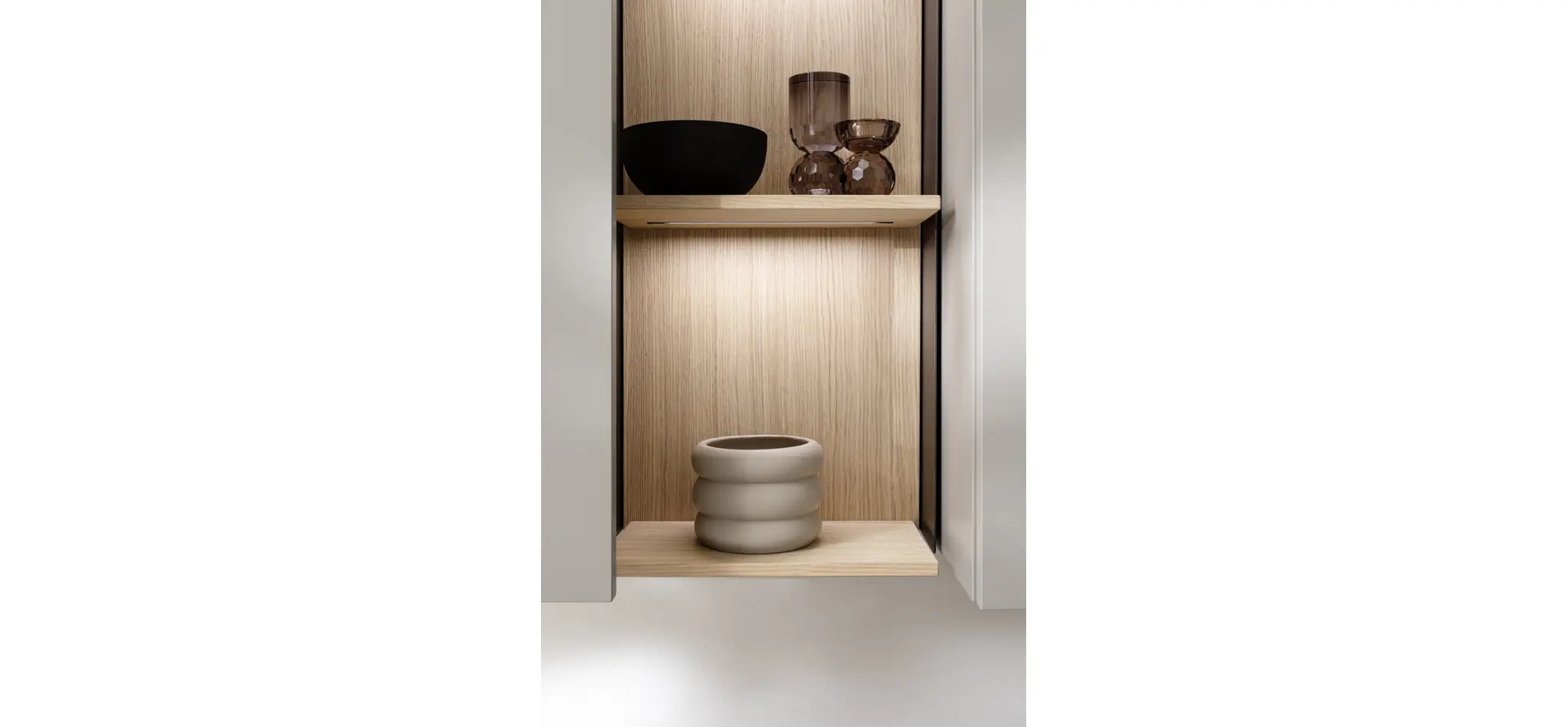 Wohnwand Venzone - B ca. 360 cm, Lack, Hellgrau, Eiche furniert