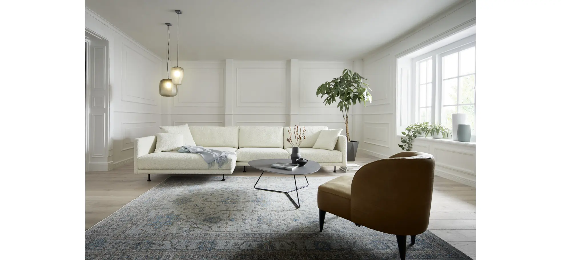 Ecksofa Cuneo - Longchair links, 2-Sitzer, Boucle, Creme