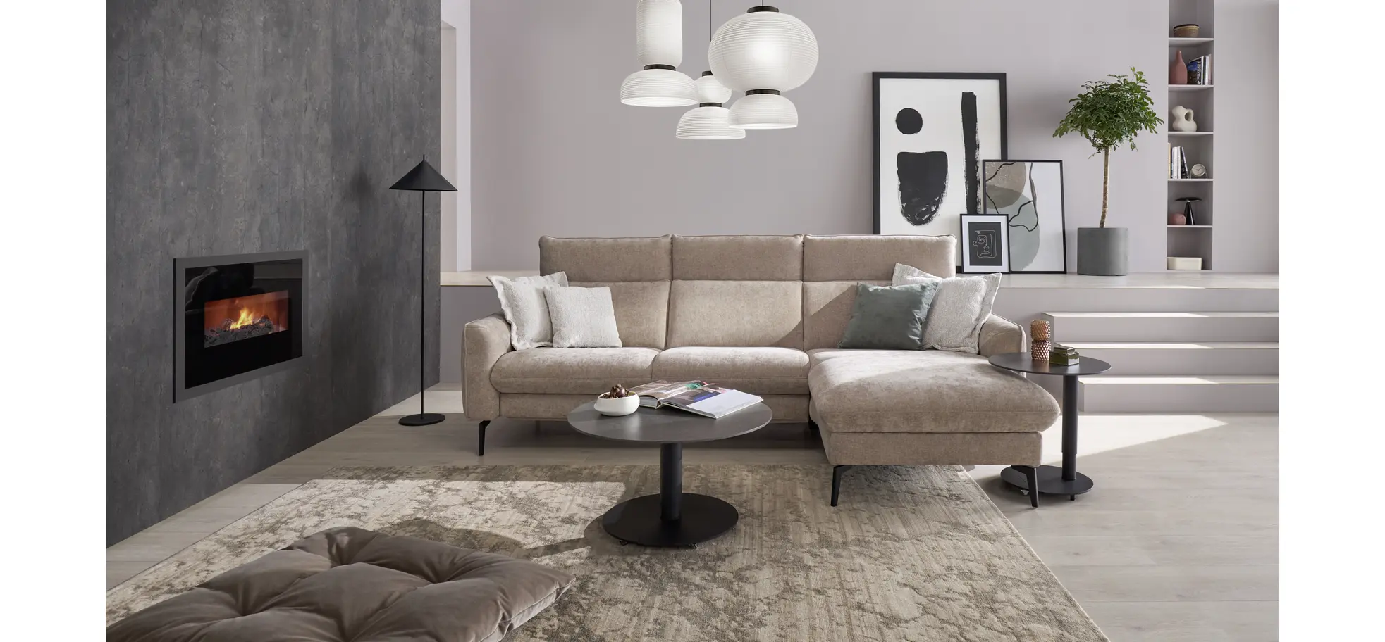Ecksofa Avela - 2,5-Sitzer mit Longchair rechts inkl. Kopfteile verstellbar, Stoff, Bisquit