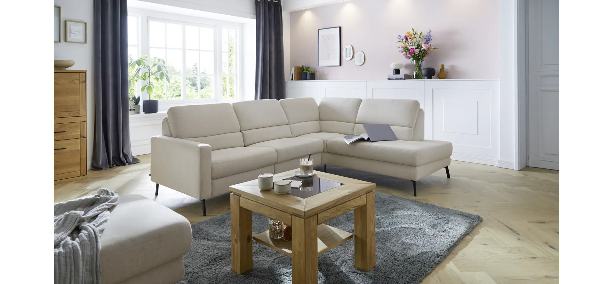 Ecksofa Valera - 3-Sitzer mit Ecke rechts inkl. Rückenlehne verstellbar und Relaxfunktion motorisch, Stoff, Natur