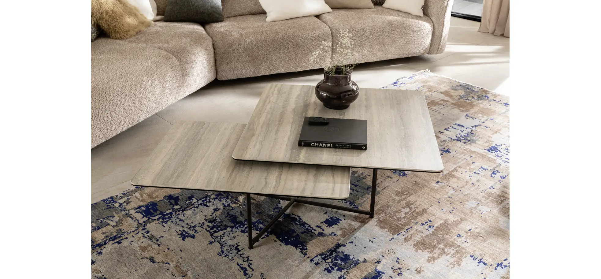 Couchtisch Cena - LB ca. 132x108 cm, Platten drehbar, Keramik, Travertin 