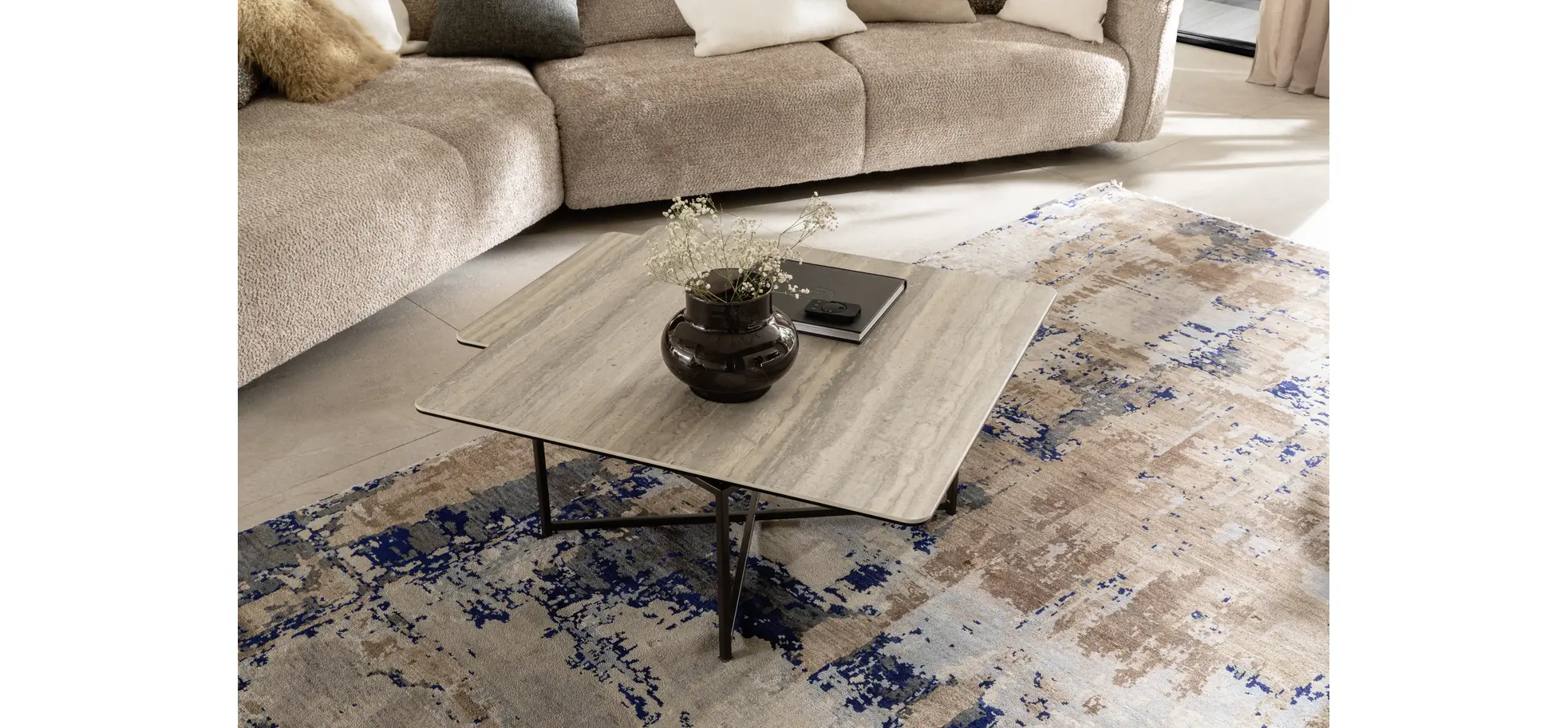 Couchtisch Cena - LB ca. 132x108 cm, Platten drehbar, Keramik, Travertin 