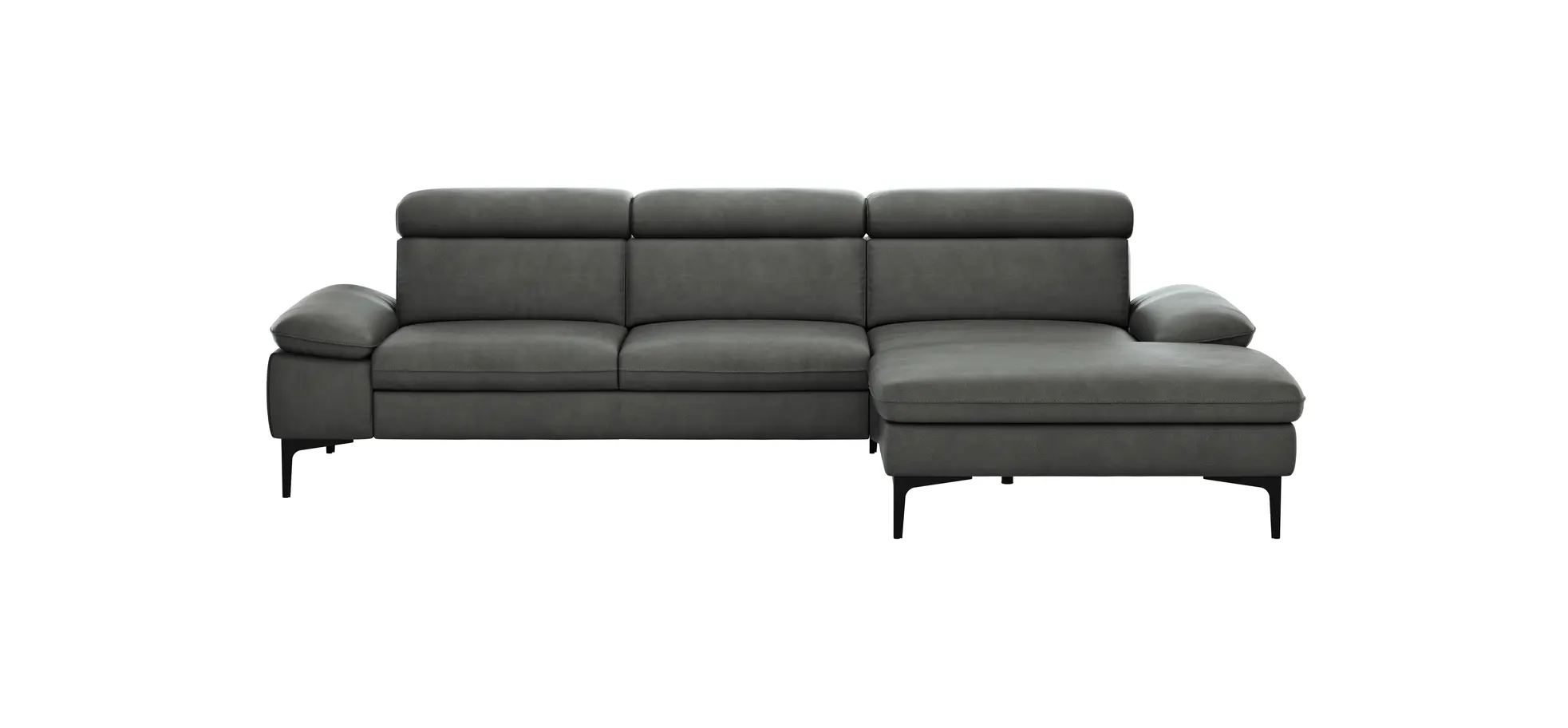 Ecksofa Felipa - 2,5-Sitzer mit Longchair rechts inkl. Kopfteil verstellbar, Leder, Grau 105131