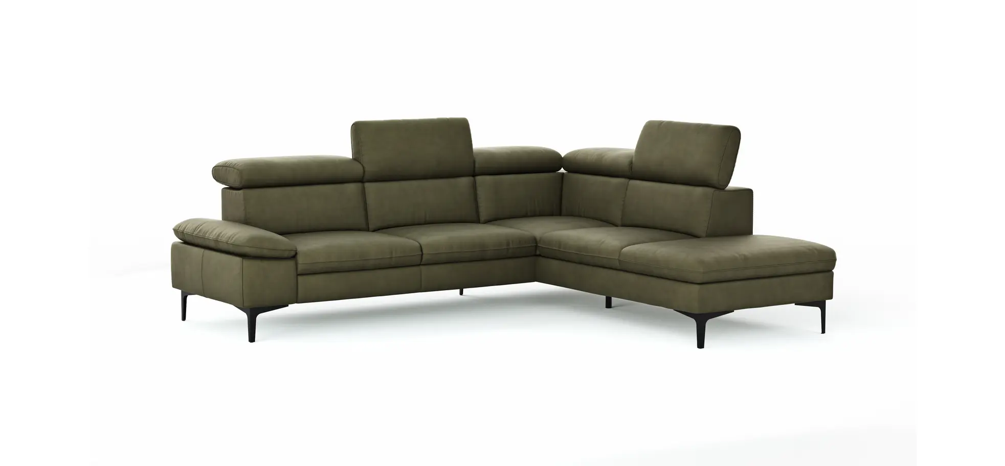 Ecksofa Felipa - 2,5-Sitzer mit Ecke rechts inkl. Kopfteil verstellbar, Leder, Olive