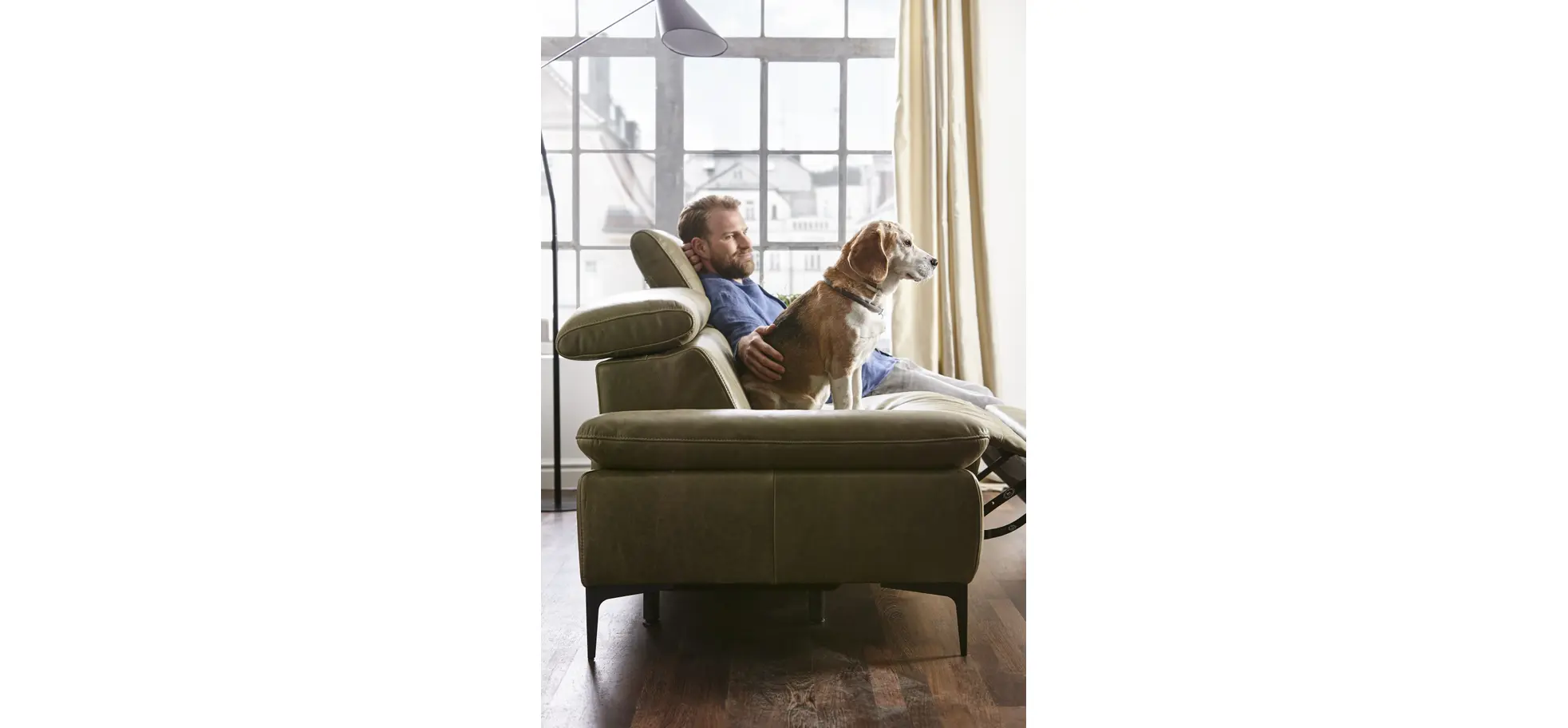 Sofa Felipa - 3-Sitzer inkl. Relaxfunktion (motorisch) und Kopfteil verstellbar, Leder, Olive