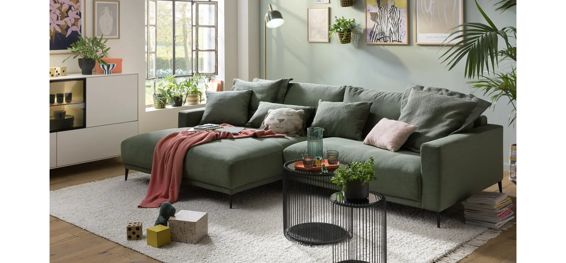 Ecksofa Solero - Longchair groß mit 1,5-Sitzer rechts, Stoff, Olivgrün