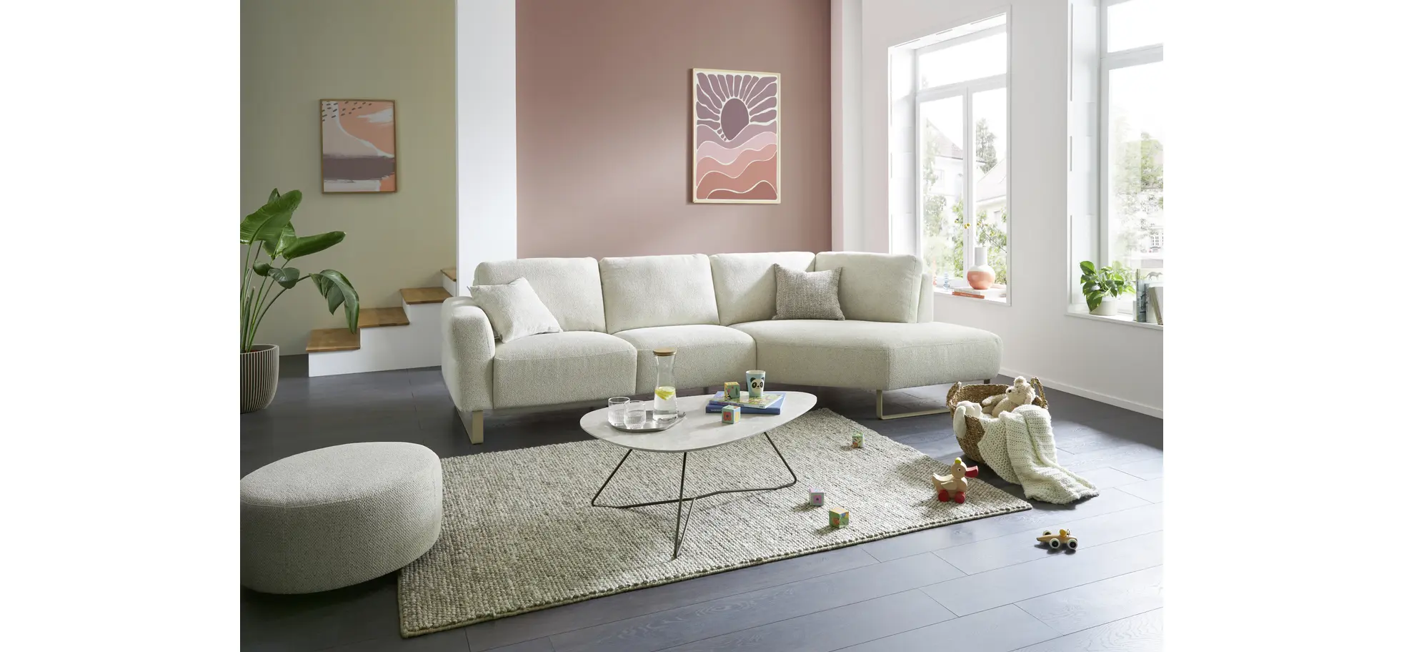 Ecksofa Leona - 2,5-Sitzer mit Ecke rechts, Stoff, Creme